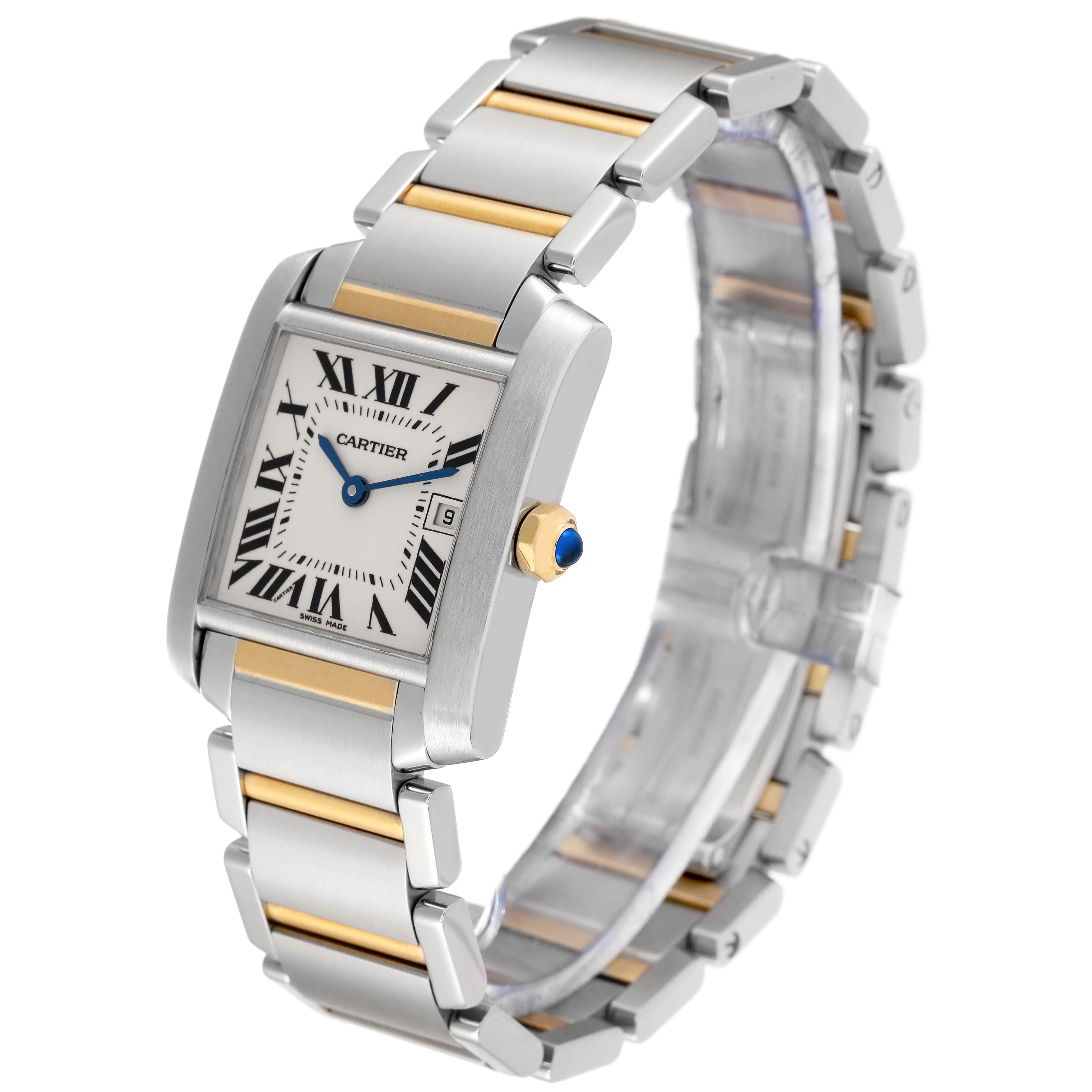 This image shows a Cartier Tank Francaise W51012Q4 Women
s Steel and Gold (two tone) Silver Dial W51012Q4 Women
s Steel and Gold (two tone) Silver Dial watch at an oblique angle, highlighting the dial, bezel, crown, and two-tone bracelet.