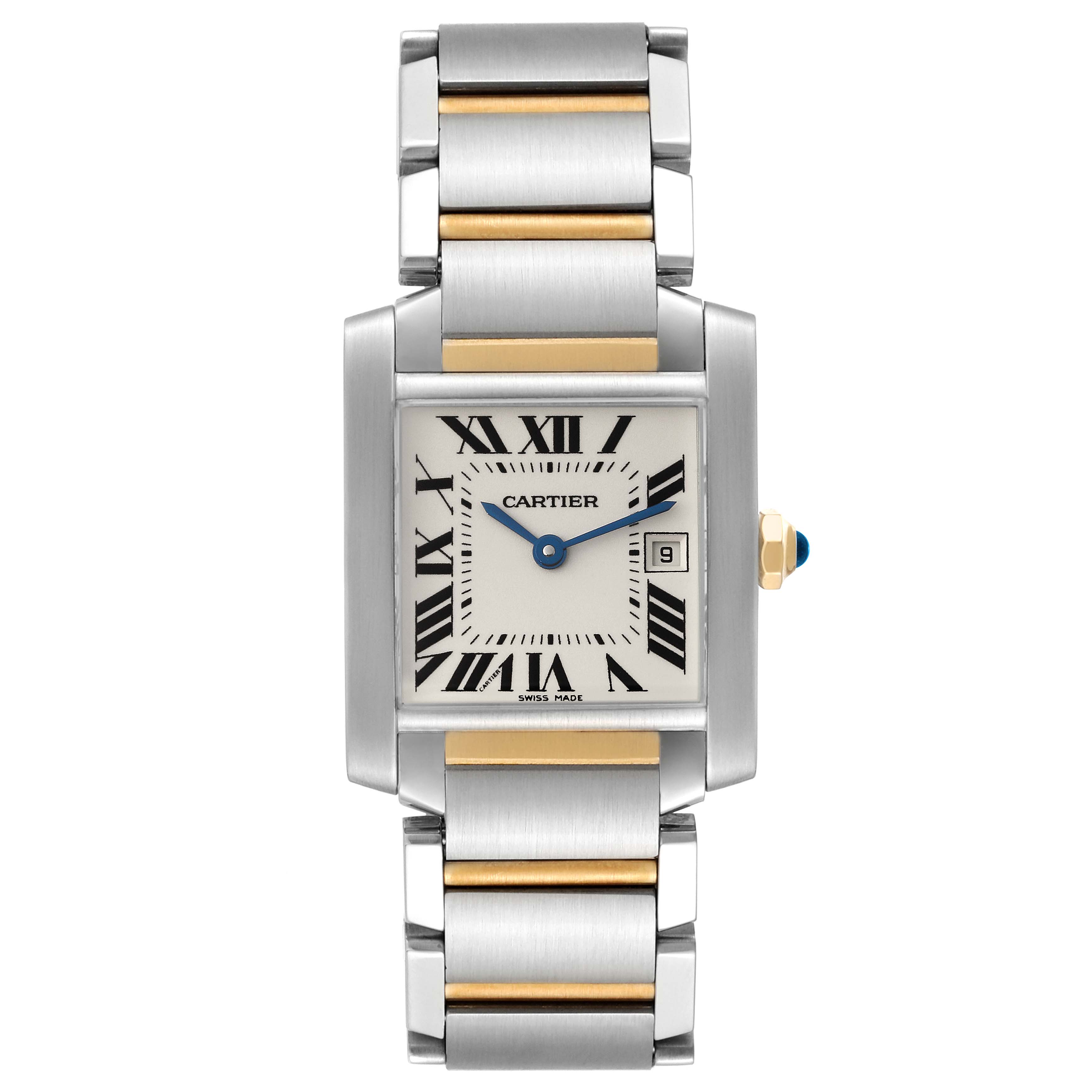 This image shows a front view of the Cartier Tank Française watch, displaying its rectangular face, Roman numerals, and metal bracelet.