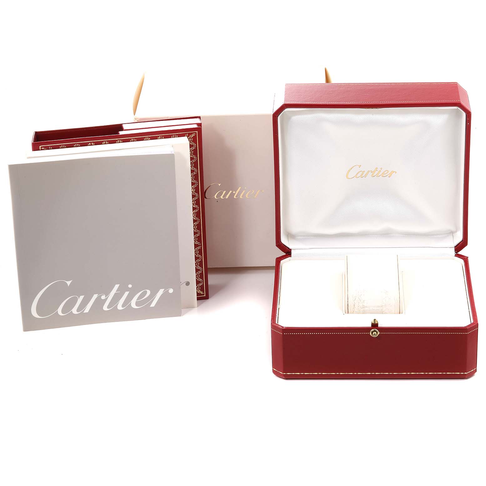 The image shows the packaging and documentation for a Cartier Tank Française watch, including an open red watch box.