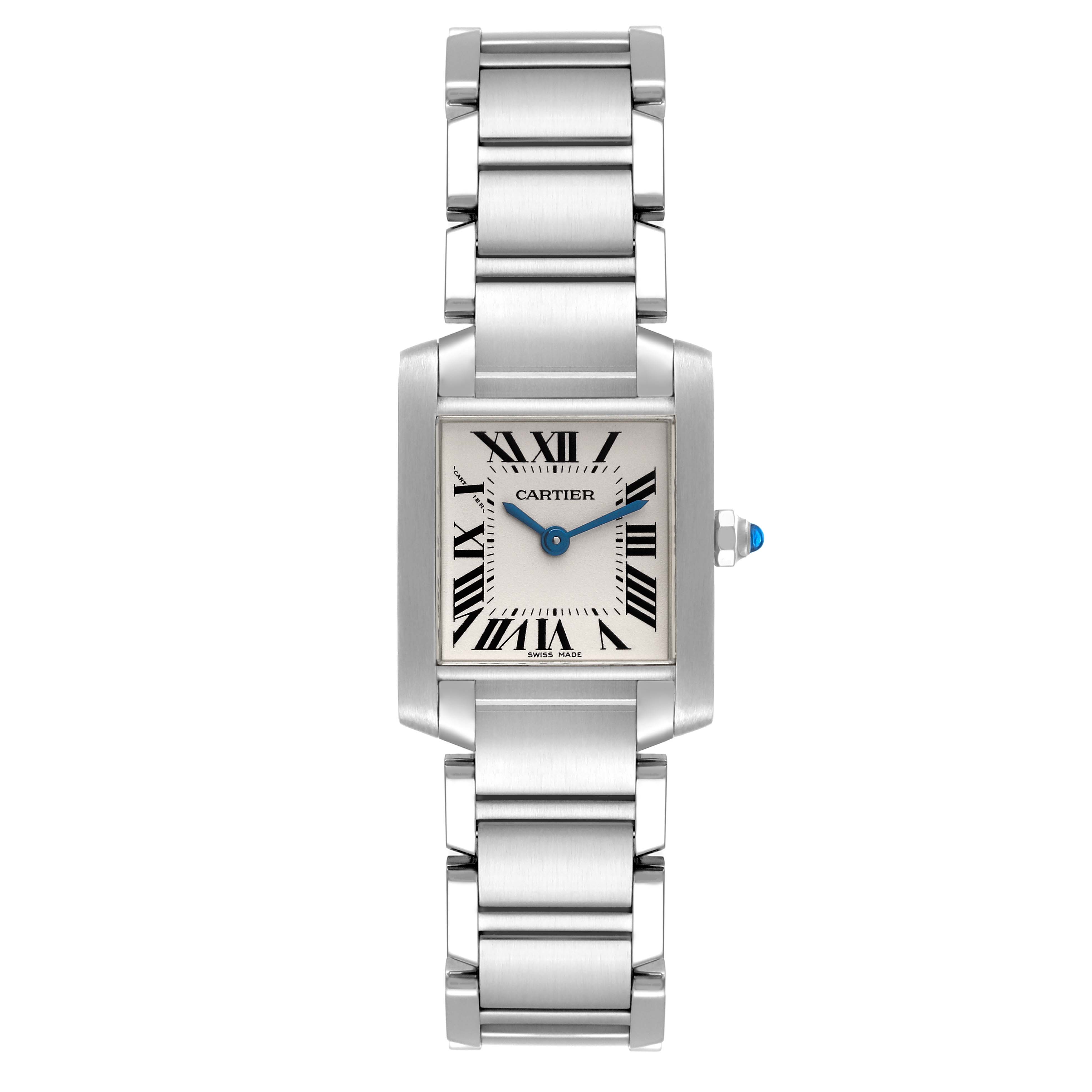The image shows a frontal view of a Cartier Tank Française watch, displaying its dial, case, and bracelet.