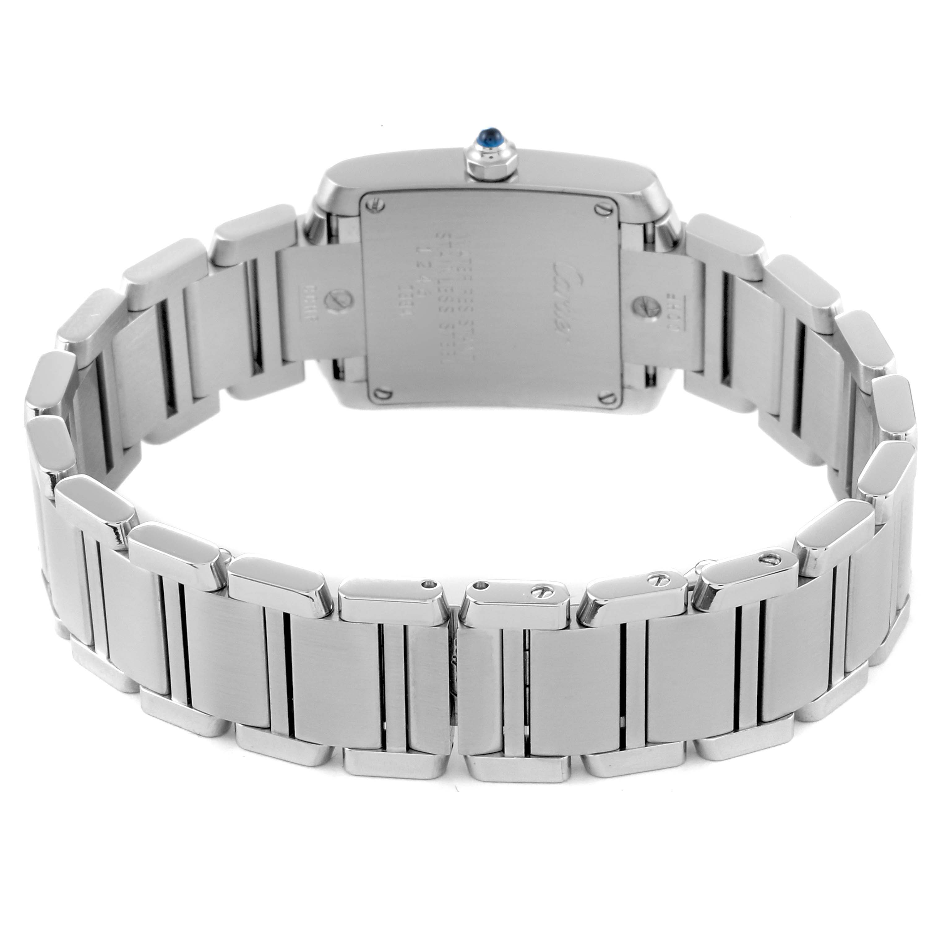 The image shows the back view and the bracelet of a Cartier Tank Francaise W51008Q3 Women
s Stainless Steel Silver Dial W51008Q3 Women
s Stainless Steel Silver Dial watch.