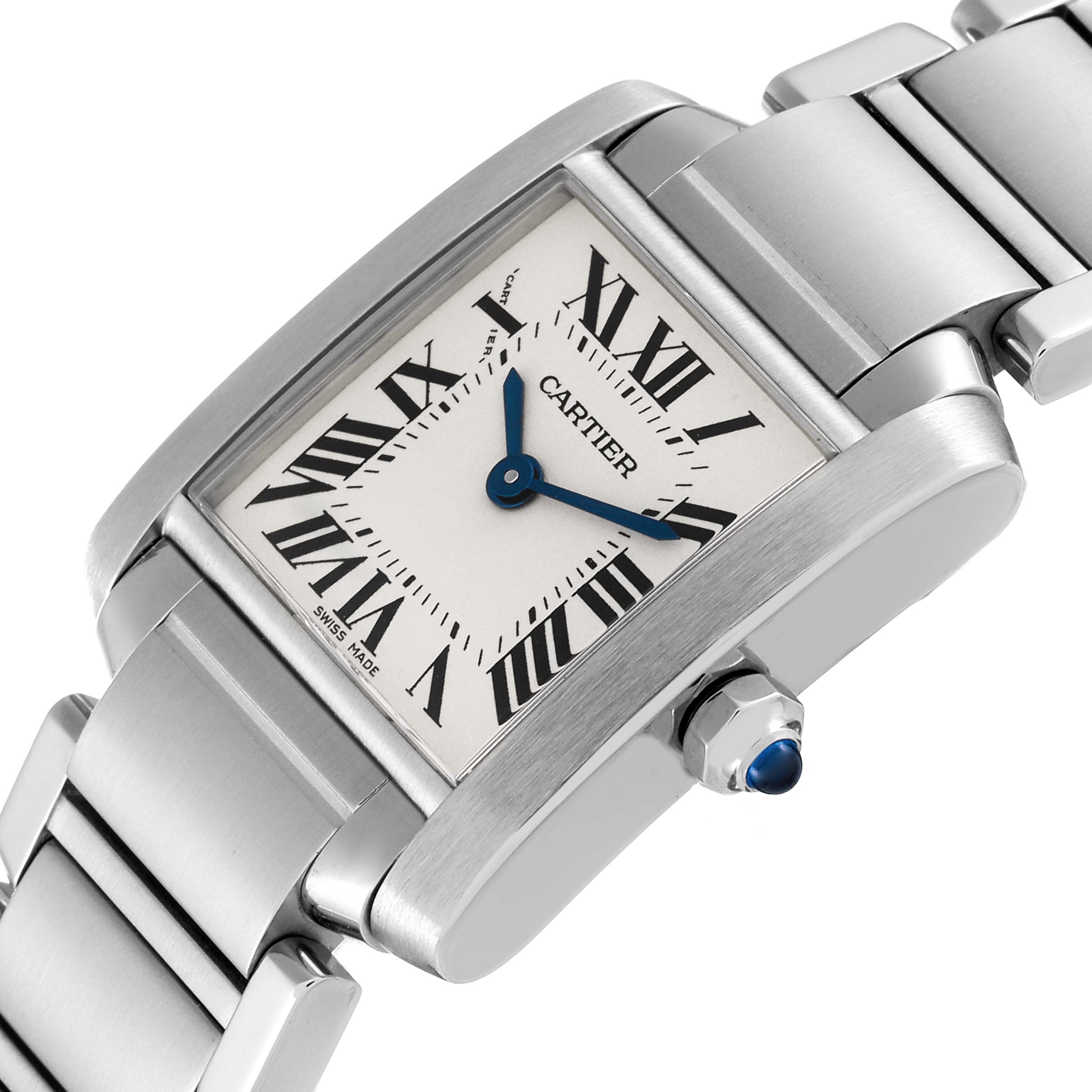 The image shows a close-up of the face, bezel, and part of the bracelet of a Cartier Tank Française watch at an angle.