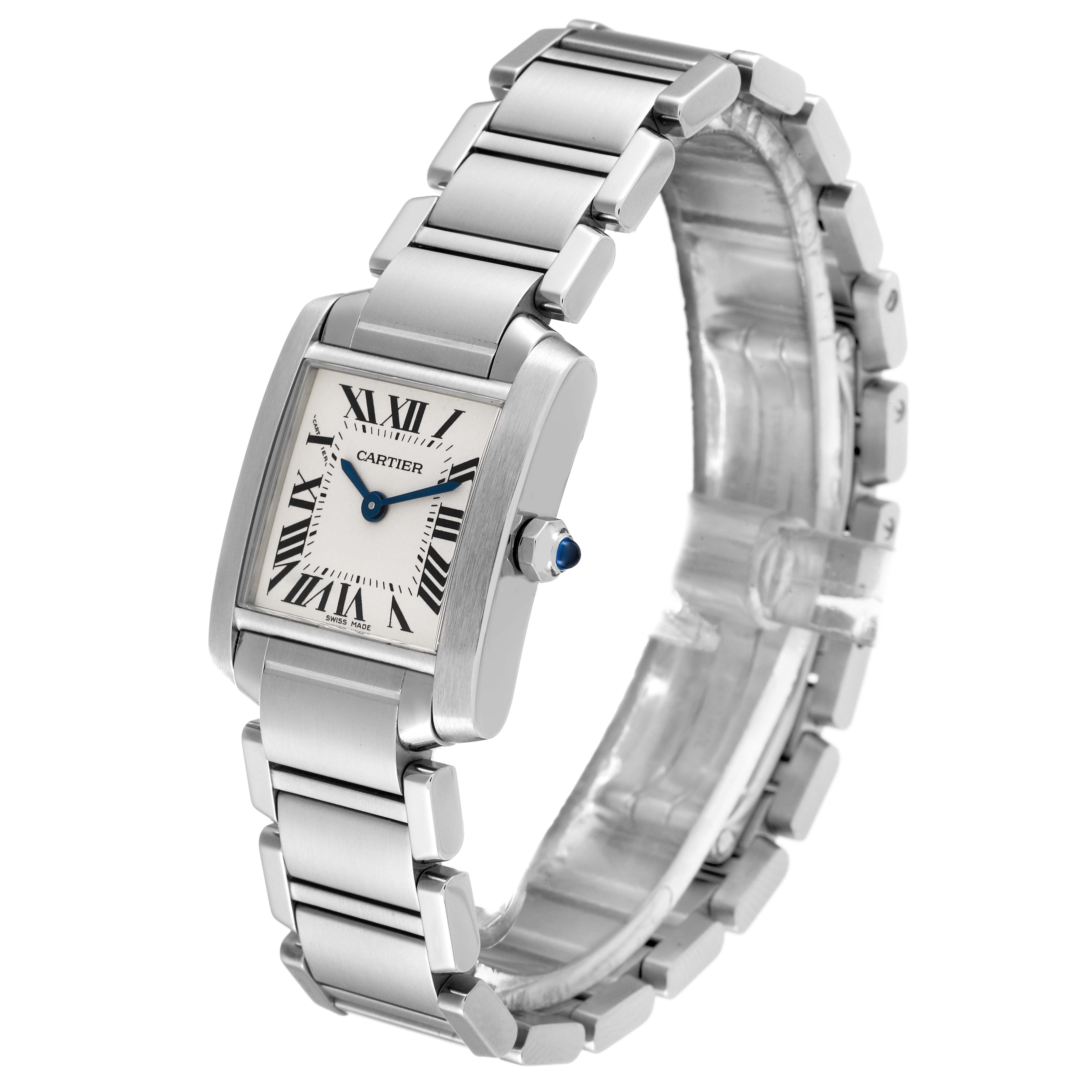 The Tank Francaise by Cartier is shown from an oblique angle, displaying its face, bracelet, and crown.