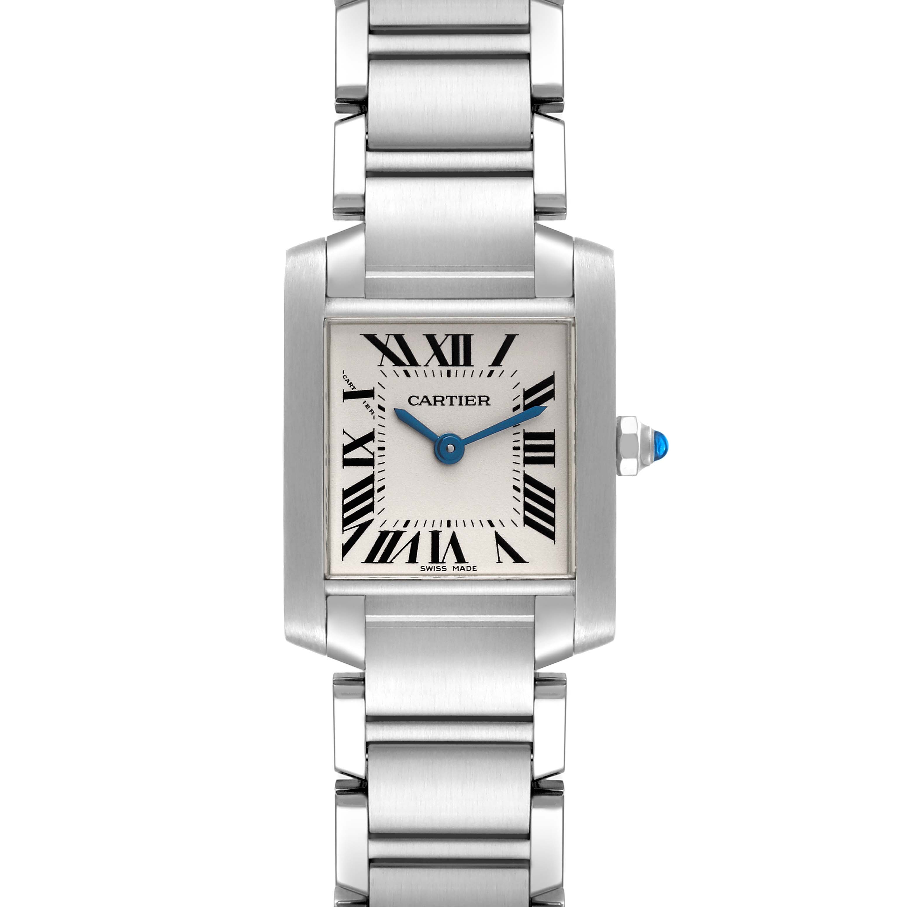 This Cartier Tank Francaise W51008Q3 Women
s Stainless Steel Silver Dial W51008Q3 Women
s Stainless Steel Silver Dial watch is displayed from a front angle, showing its face, bracelet, and a side view of the crown.
