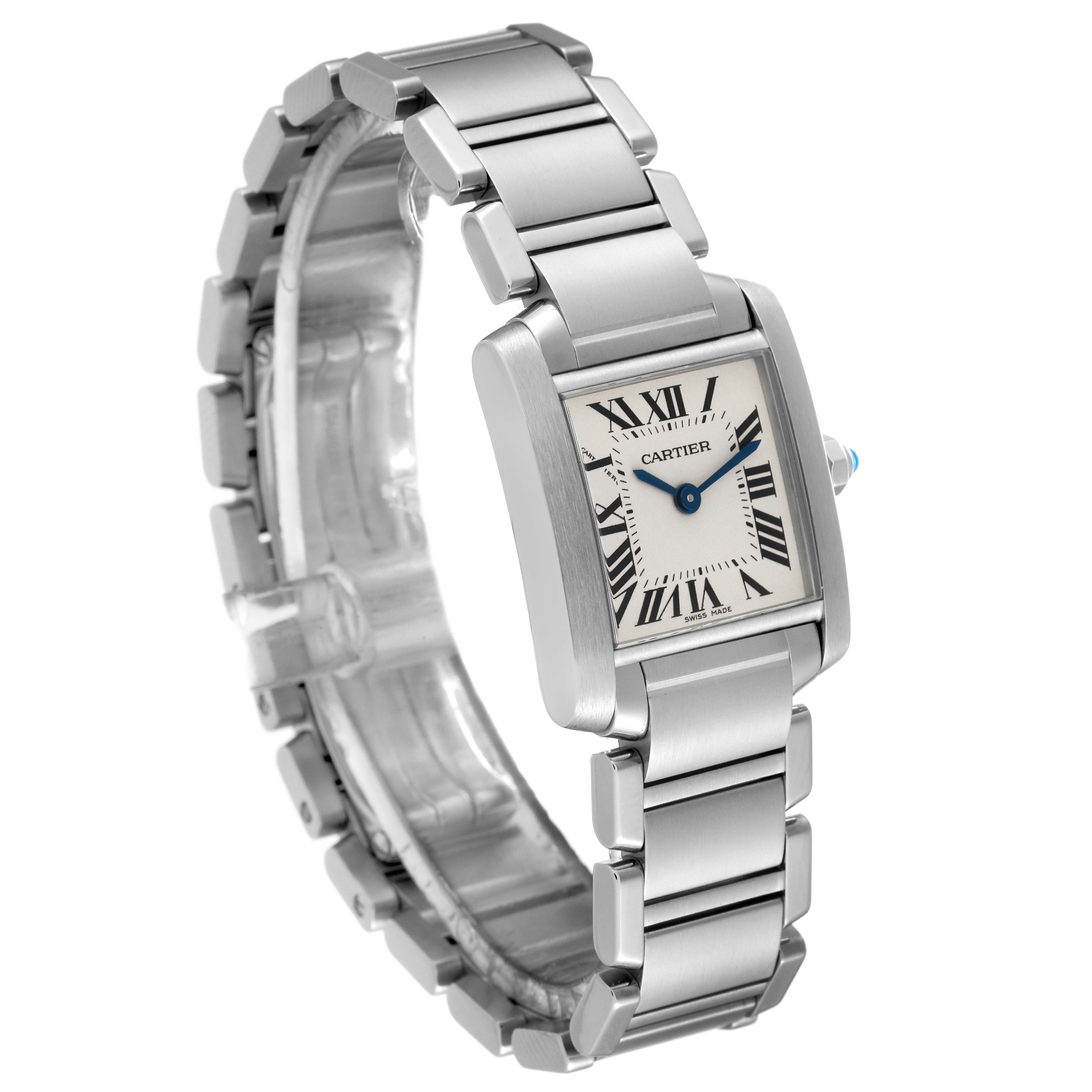 The image shows a Cartier Tank Francaise W51008Q3 Women
s Stainless Steel Silver Dial W51008Q3 Women
s Stainless Steel Silver Dial watch from a three-quarter angle, highlighting the face, bezel, and metal bracelet.
