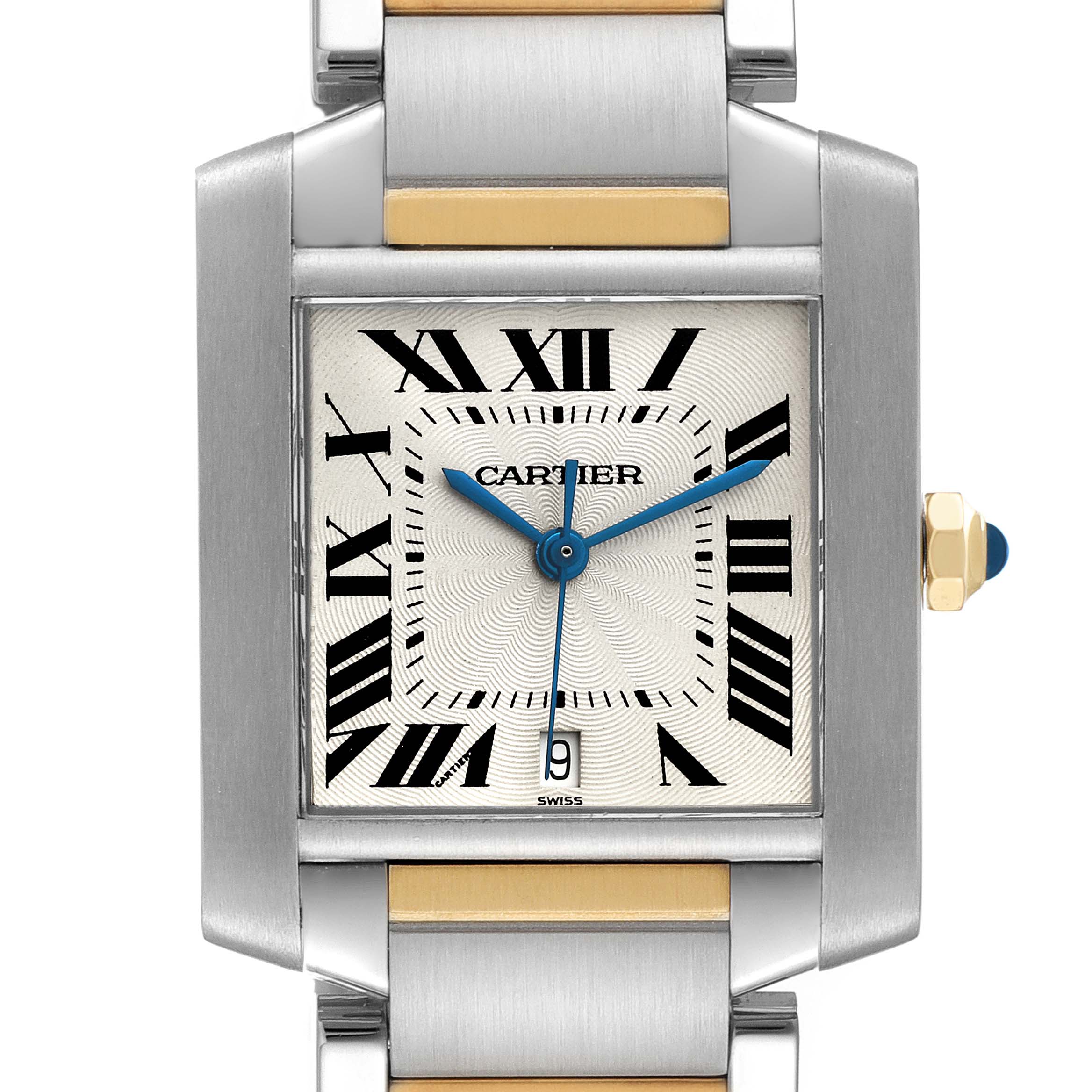 The image shows a close-up of the Cartier Tank Francaise W51005Q4 Men's Steel and Gold (two tone) Silver Dial W51005Q4 Men's Steel and Gold (two tone) Silver Dial watch face and part of the bracelet, highlighting its Roman numerals and blue hands.