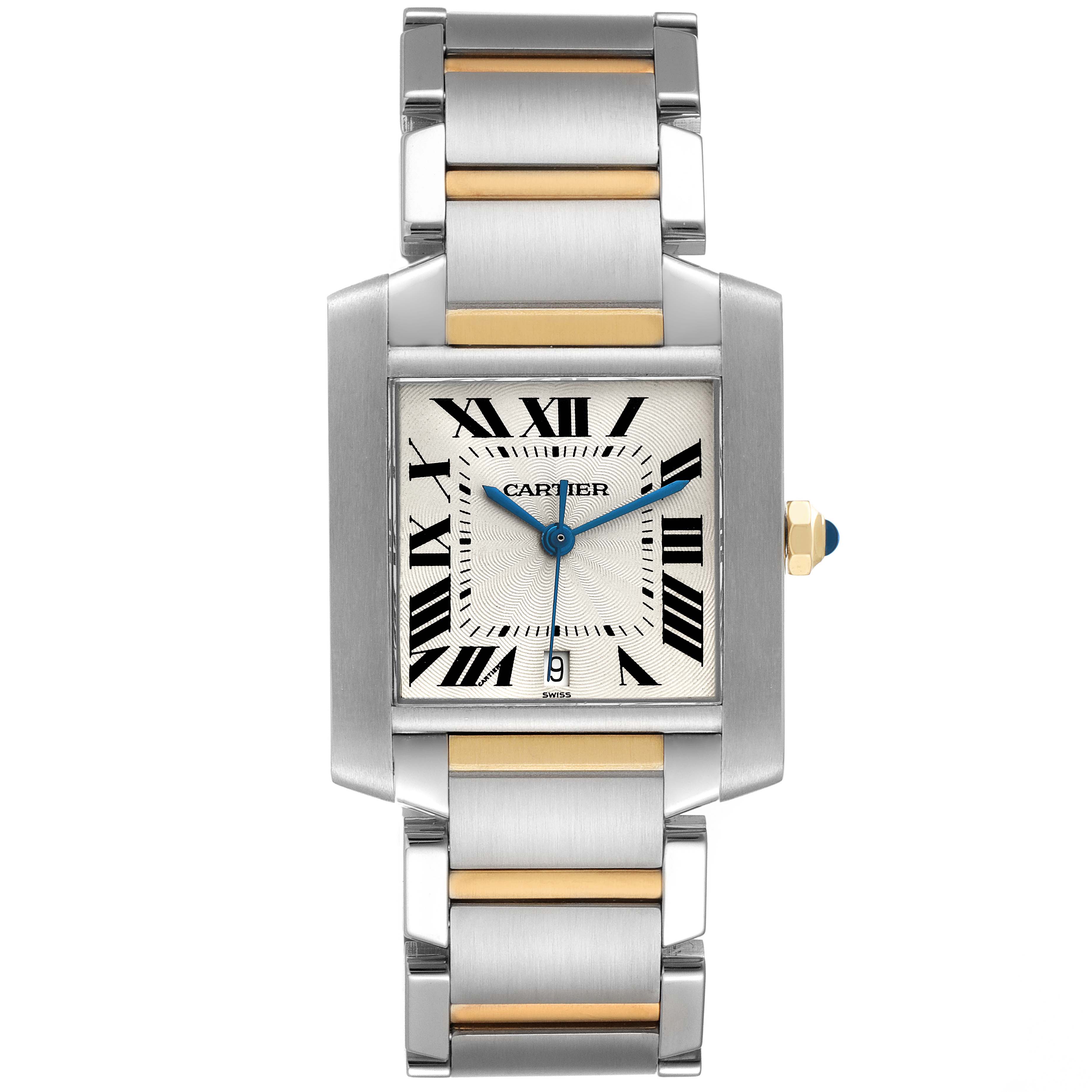The image shows a Cartier Tank Francaise W51005Q4 Men's Steel and Gold (two tone) Silver Dial W51005Q4 Men's Steel and Gold (two tone) Silver Dial watch from a front angle, highlighting its face, bezel, and bracelet.
