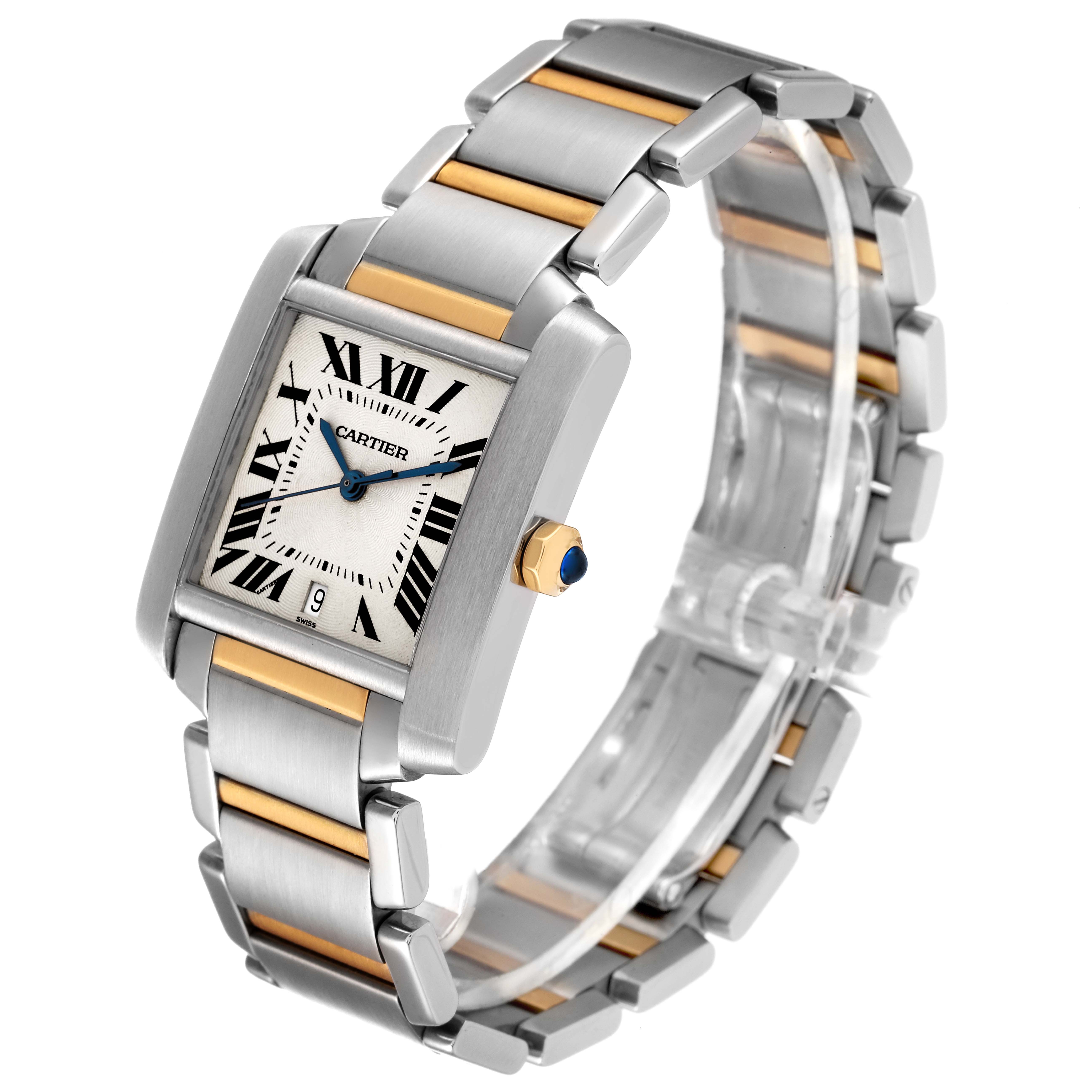 The Cartier Tank Francaise W51005Q4 Men's Steel and Gold (two tone) Silver Dial W51005Q4 Men's Steel and Gold (two tone) Silver Dial watch is shown at a front-left angle, highlighting its bracelet, dial, and crown.