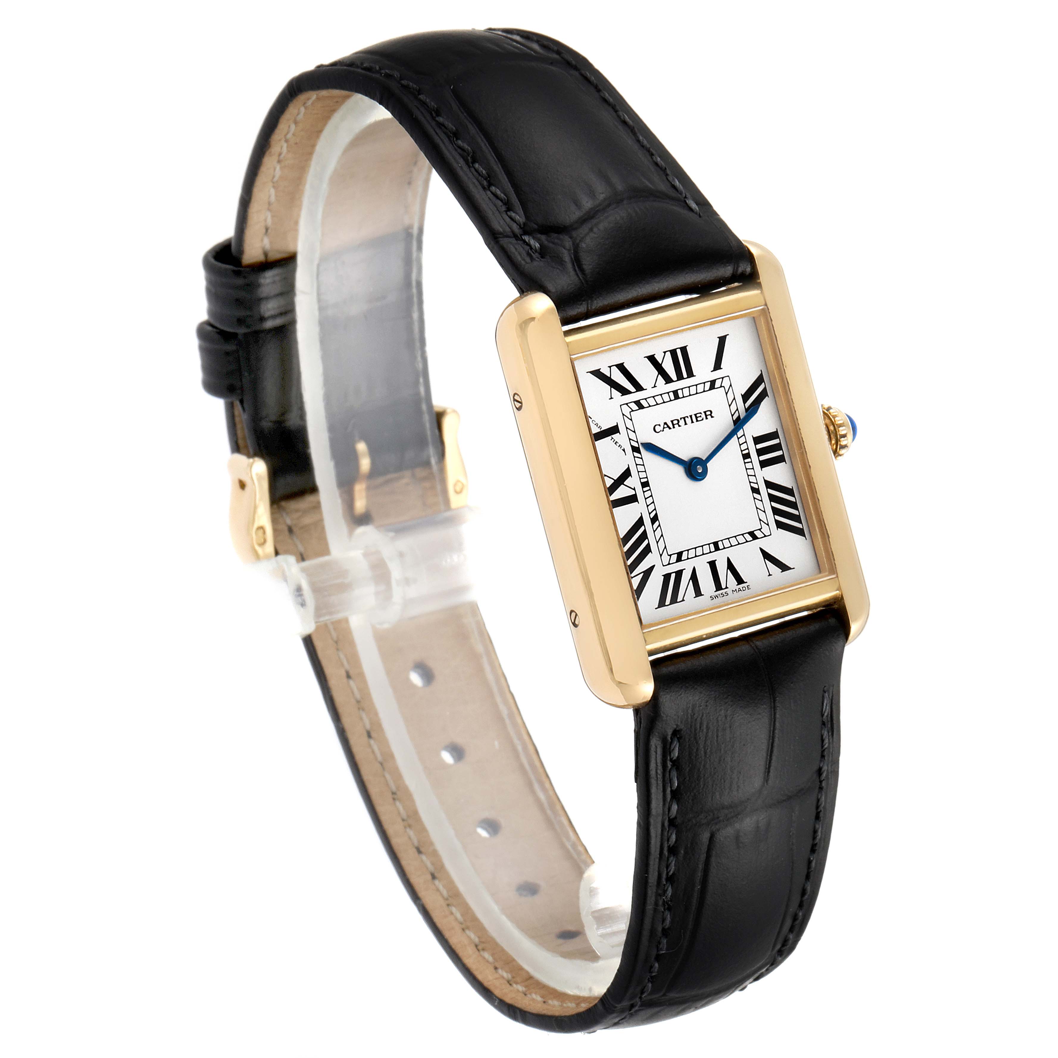 The image shows a Cartier Tank Solo 290730PL Women
s Yellow Gold Silver Dial 290730PL Women
s Yellow Gold Silver Dial watch at a slight angle, showcasing its face, black leather strap, and gold casing.