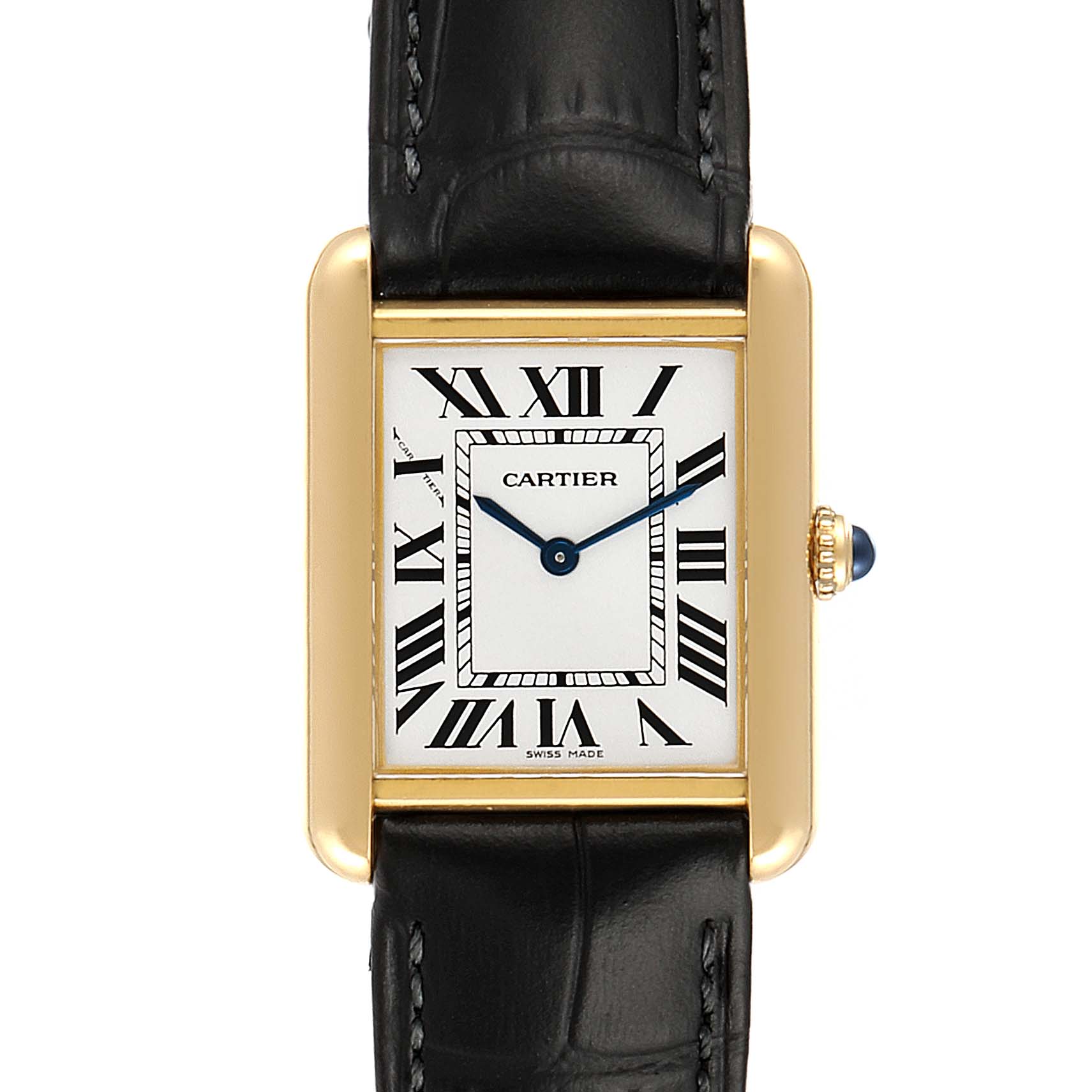 This image shows a front view of the Cartier Tank Solo 290730PL Women
s Yellow Gold Silver Dial 290730PL Women
s Yellow Gold Silver Dial watch, highlighting its rectangular dial, gold case, black leather strap, and blue hands.