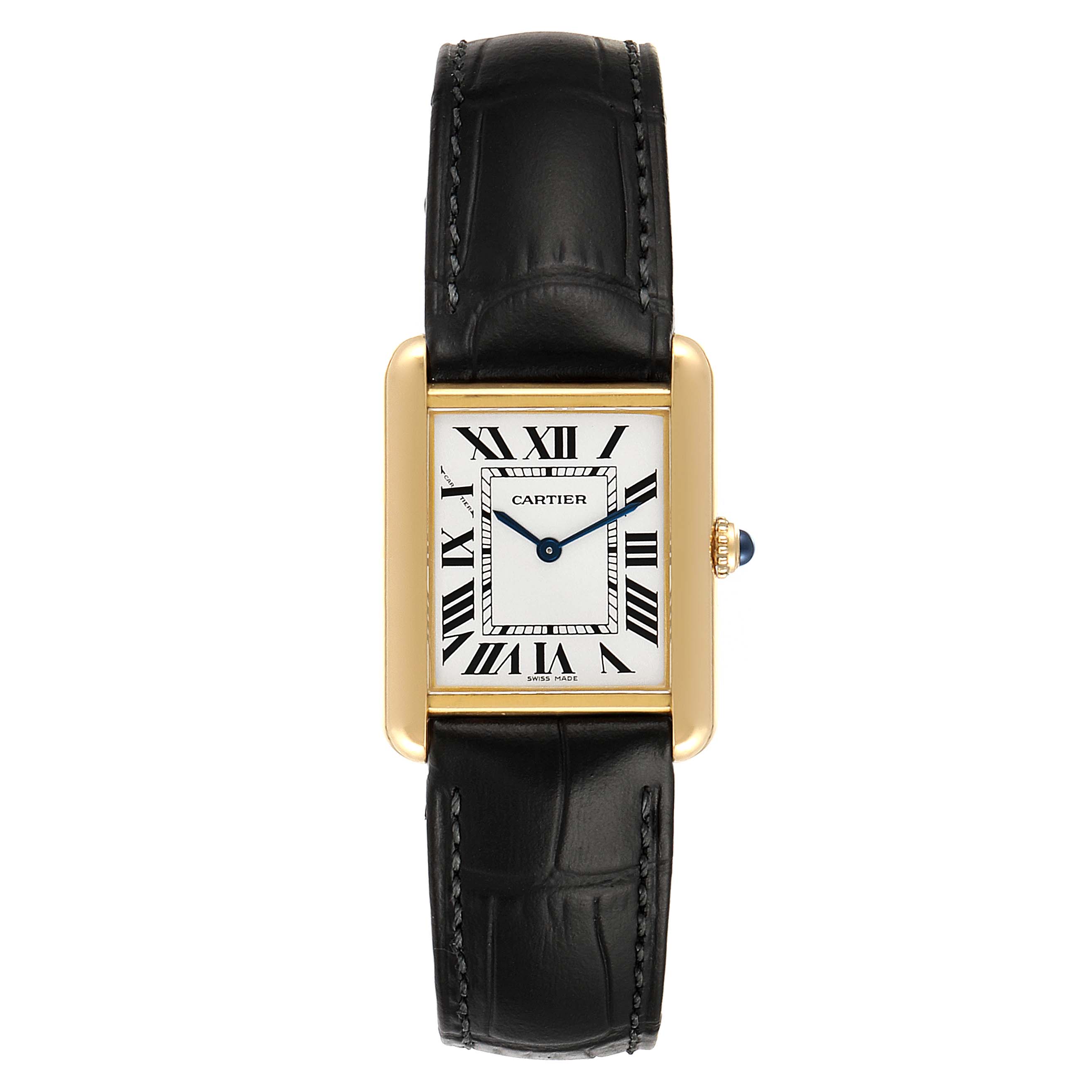 This image shows a front view of the Cartier Tank Solo 290730PL Women
s Yellow Gold Silver Dial 290730PL Women
s Yellow Gold Silver Dial watch with its gold case, Roman numeral dial, and black leather strap.