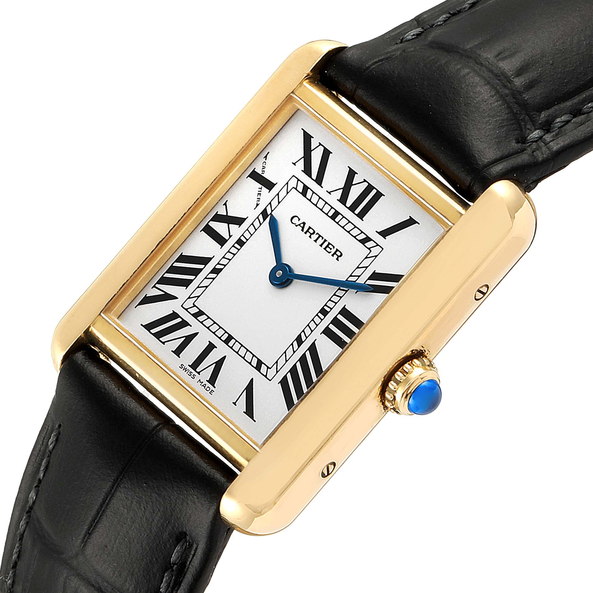 The Tank Solo by Cartier is shown at a slight angle highlighting the watch face, gold-tone case, blue hands, and black leather strap.