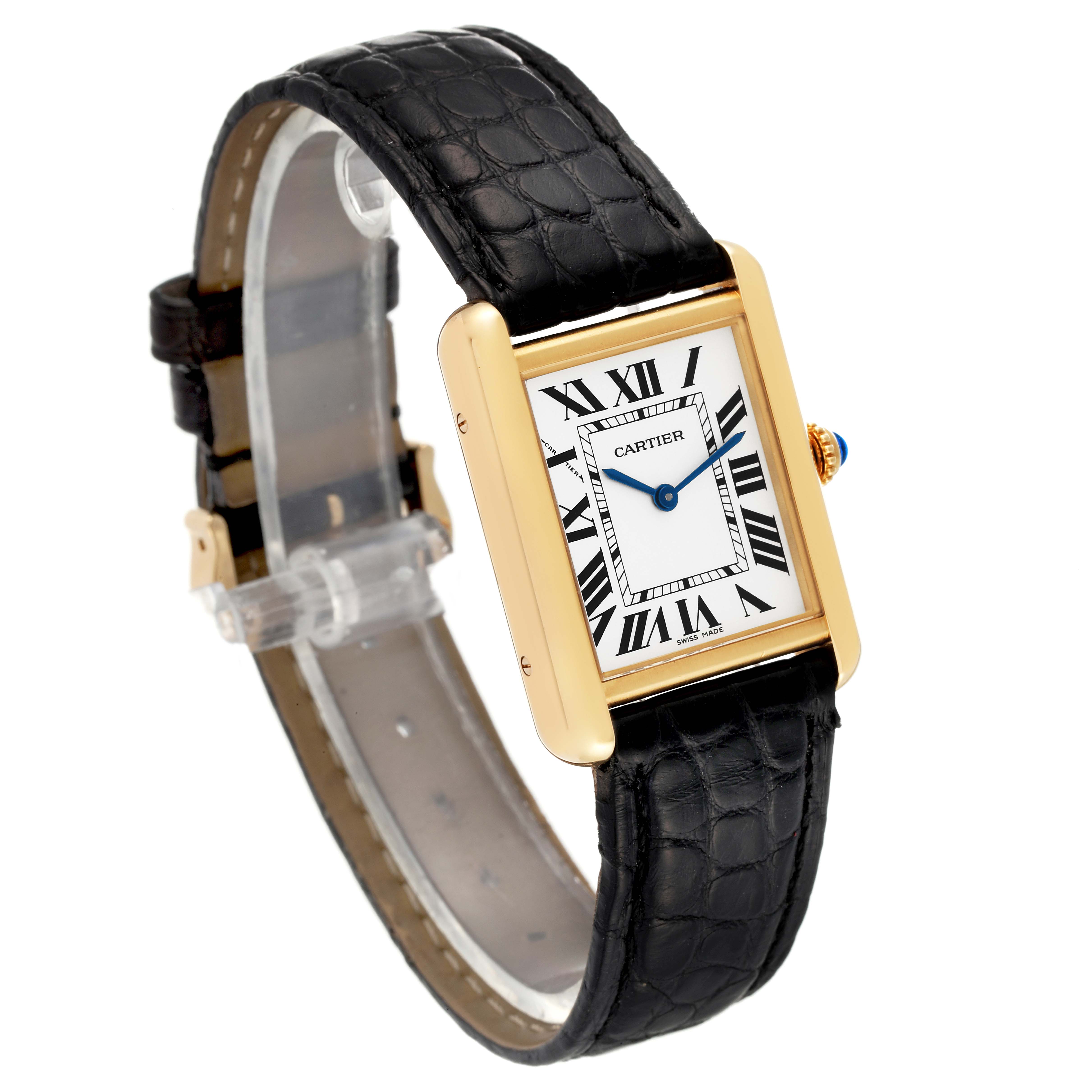 This image shows a Cartier Tank Solo W5200002 Women's Yellow Gold Silver Dial W5200002 Women's Yellow Gold Silver Dial watch at a three-quarter angle, highlighting the face, strap, and crown.