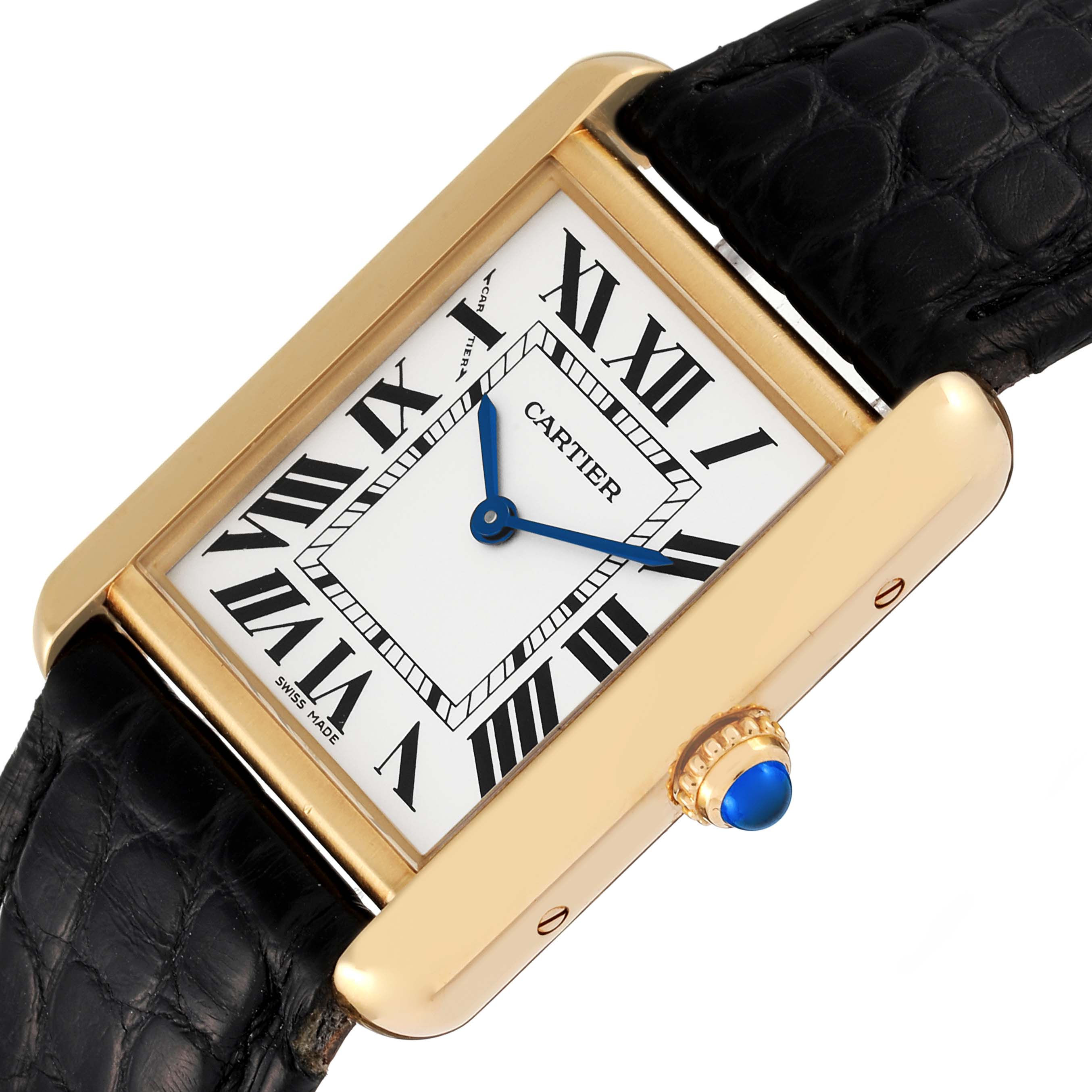 This image shows a Cartier Tank Solo W5200002 Women's Yellow Gold Silver Dial W5200002 Women's Yellow Gold Silver Dial watch from an angled top view, highlighting its face, case, and crown.