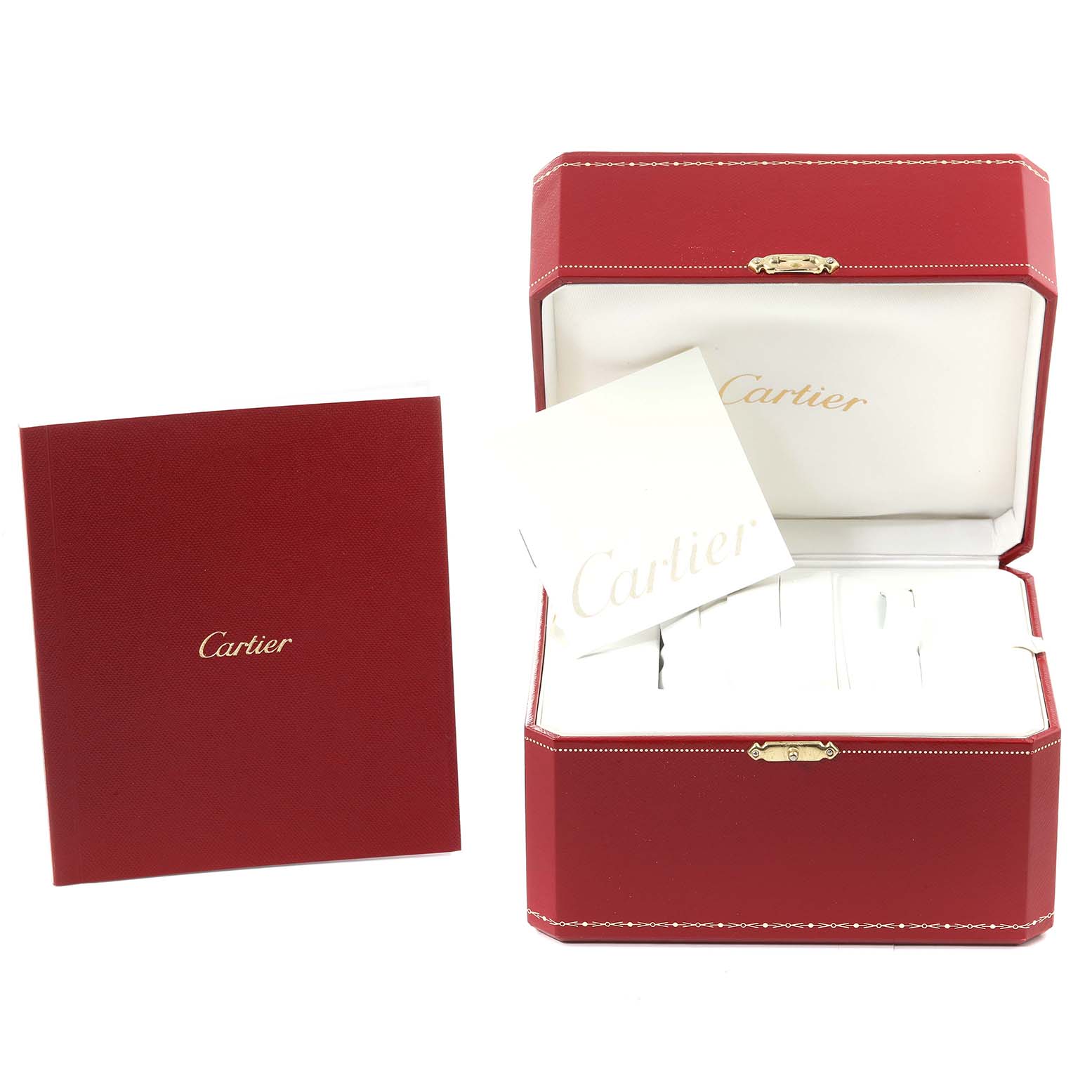 The image shows the packaging and booklet for a Cartier Tank Solo W5200002 Women's Yellow Gold Silver Dial W5200002 Women's Yellow Gold Silver Dial watch, including a red box and accompanying papers.