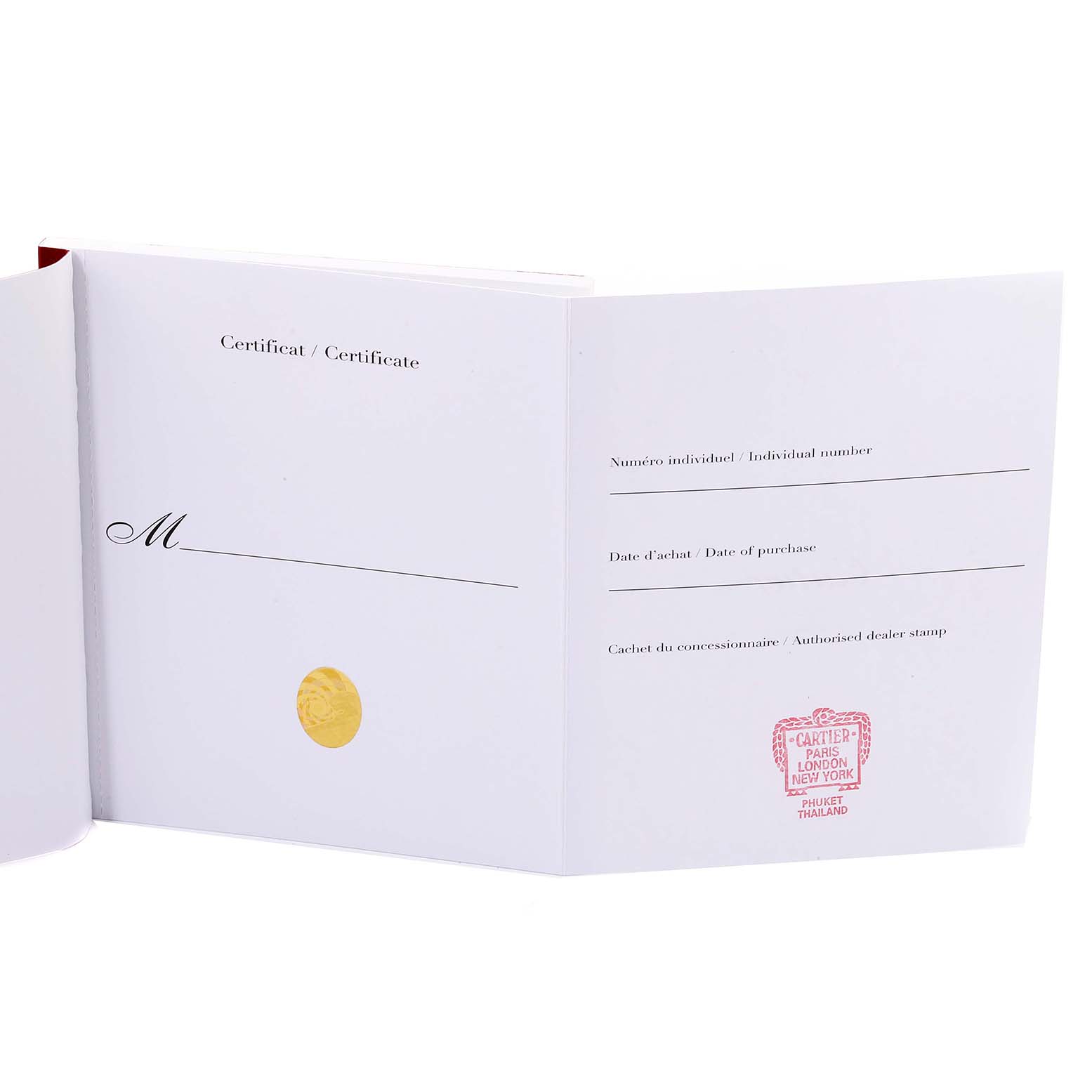 The image shows an open certificate booklet for the Cartier Tank Solo W5200002 Women's Yellow Gold Silver Dial W5200002 Women's Yellow Gold Silver Dial model watch, indicating its authenticity and purchase details.