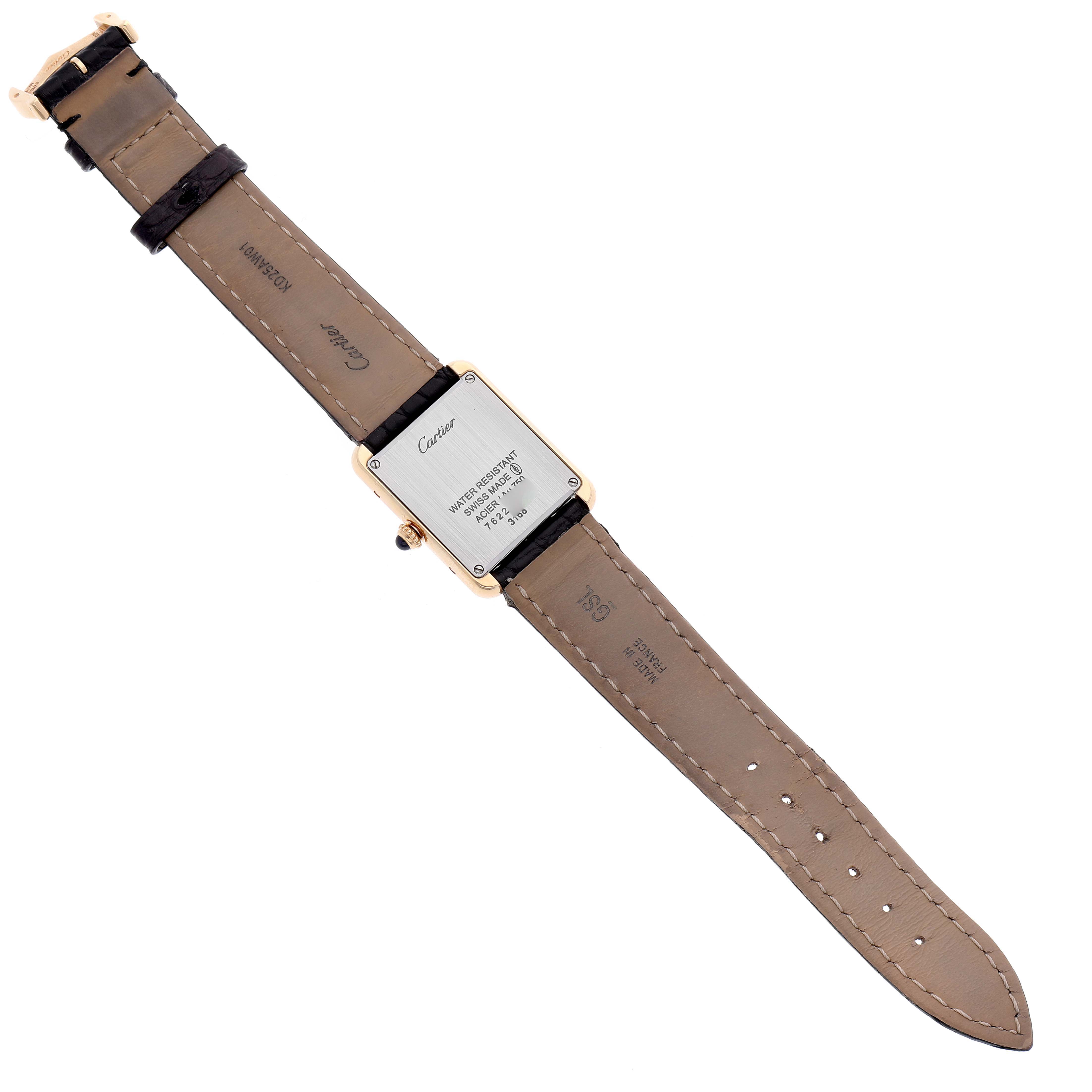 The image shows the back view of the Cartier Tank Solo W5200002 Women's Yellow Gold Silver Dial W5200002 Women's Yellow Gold Silver Dial watch, highlighting the leather straps and case back.