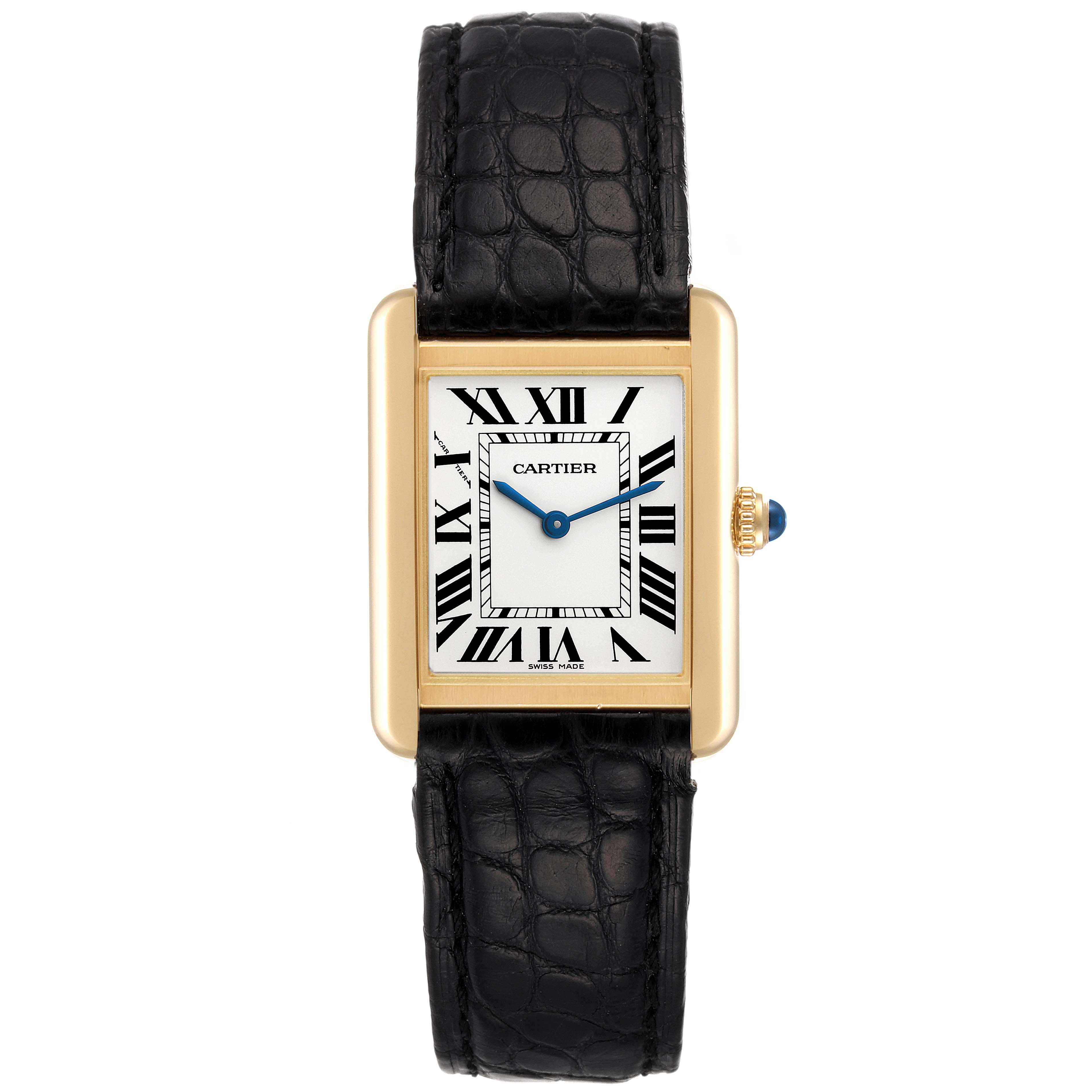 The image shows a Cartier Tank Solo W5200002 Women's Yellow Gold Silver Dial W5200002 Women's Yellow Gold Silver Dial watch from a front view, featuring a rectangular dial, Roman numerals, and a black leather strap.