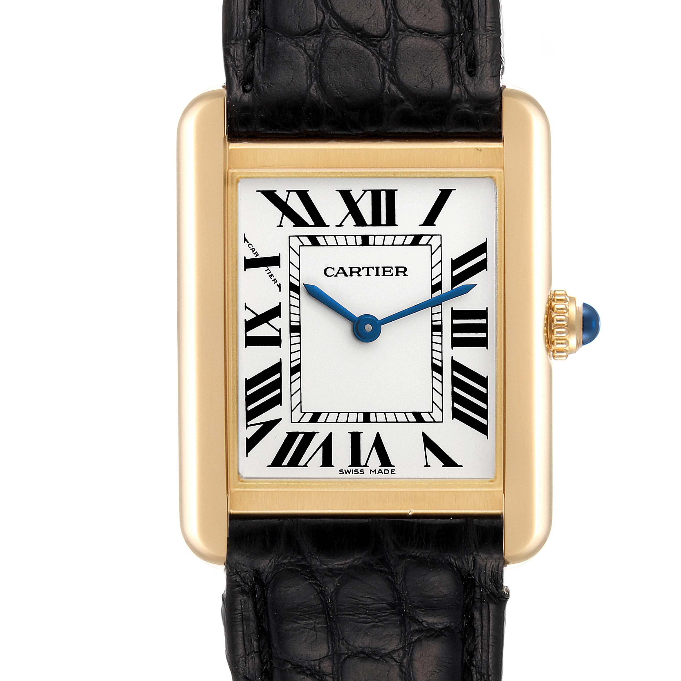 The image shows a front view of the Tank Solo by Cartier, highlighting its rectangular face, Roman numerals, and leather strap.