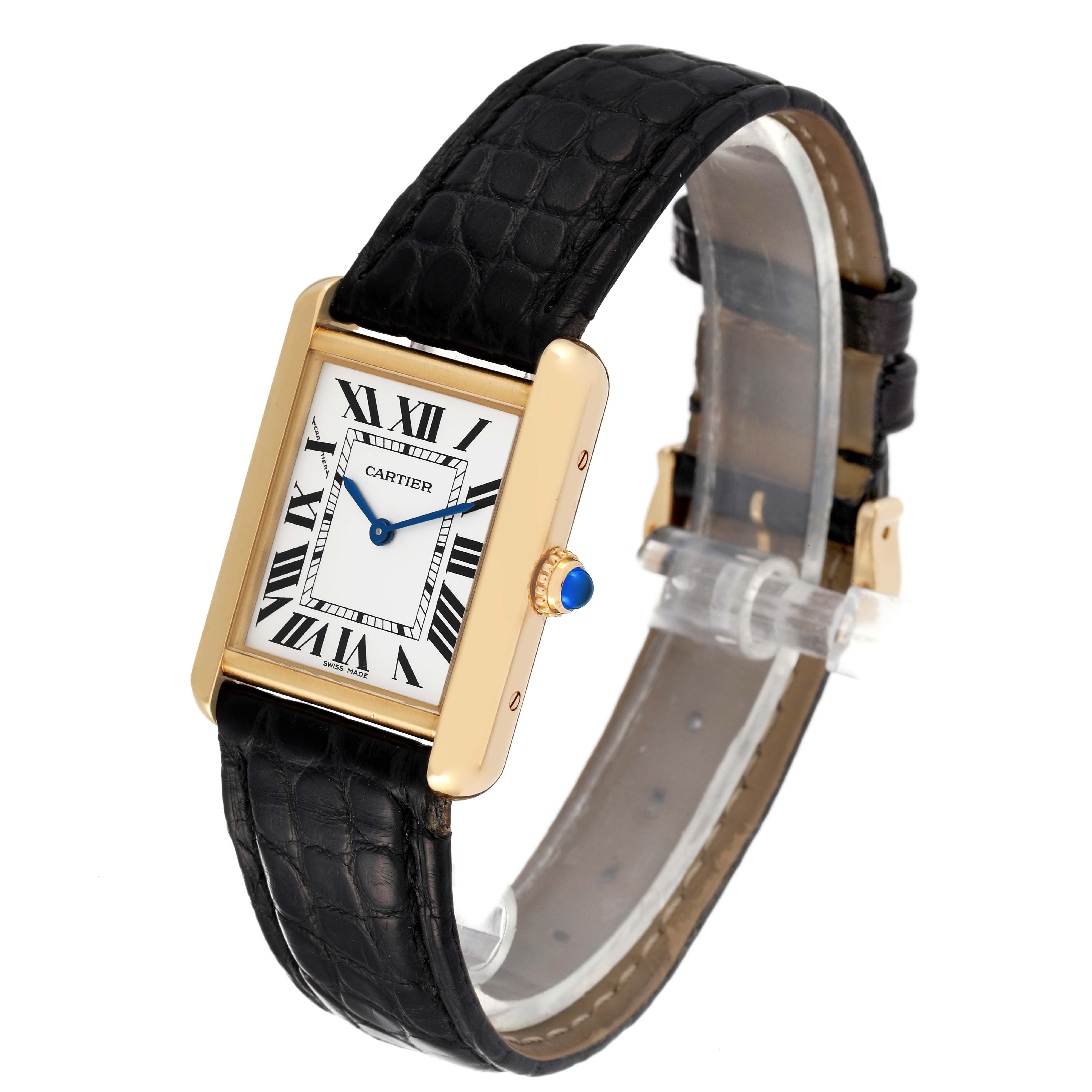 This image shows a Cartier Tank Solo W5200002 Women's Yellow Gold Silver Dial W5200002 Women's Yellow Gold Silver Dial watch at a three-quarter angle, displaying the face, strap, and side crown.