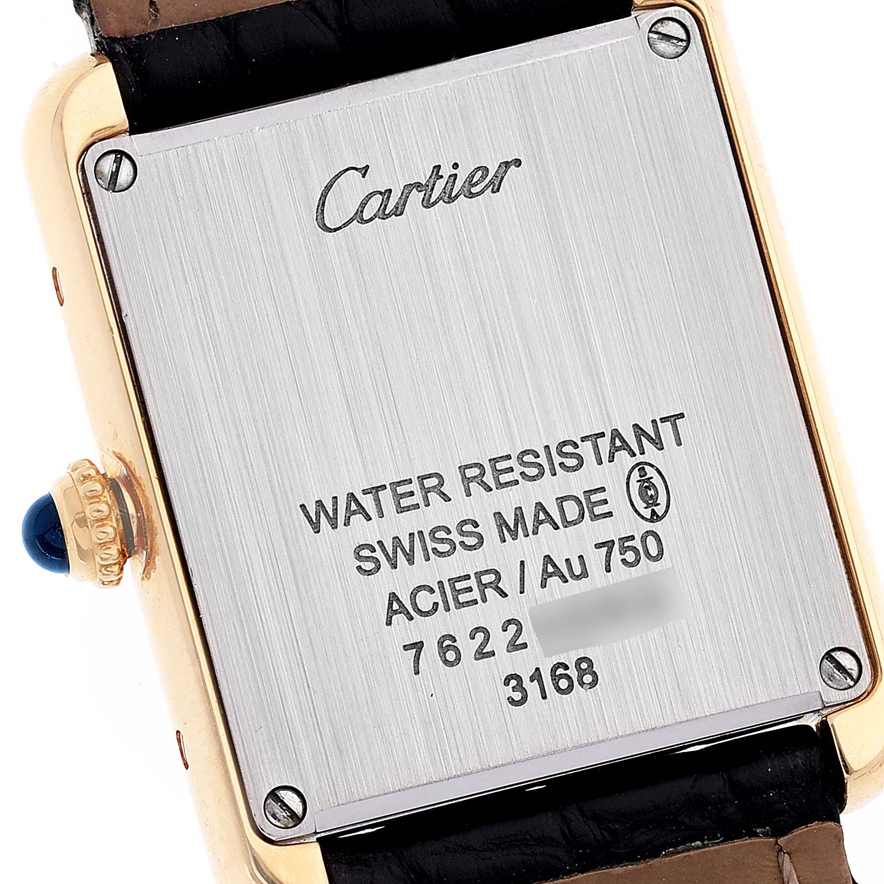 This image shows the back of a Cartier Tank Solo W5200002 Women's Yellow Gold Silver Dial W5200002 Women's Yellow Gold Silver Dial watch, including the case back, crown, and part of the strap.