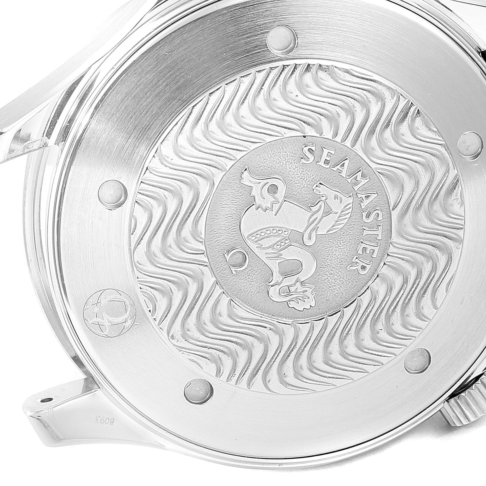 The image shows the engraved case back of an Omega Seamaster 2531.80.00 Men
s Stainless Steel Blue Dial 2531.80.00 Men
s Stainless Steel Blue Dial watch, featuring the brand
s logo and decorative wave pattern.