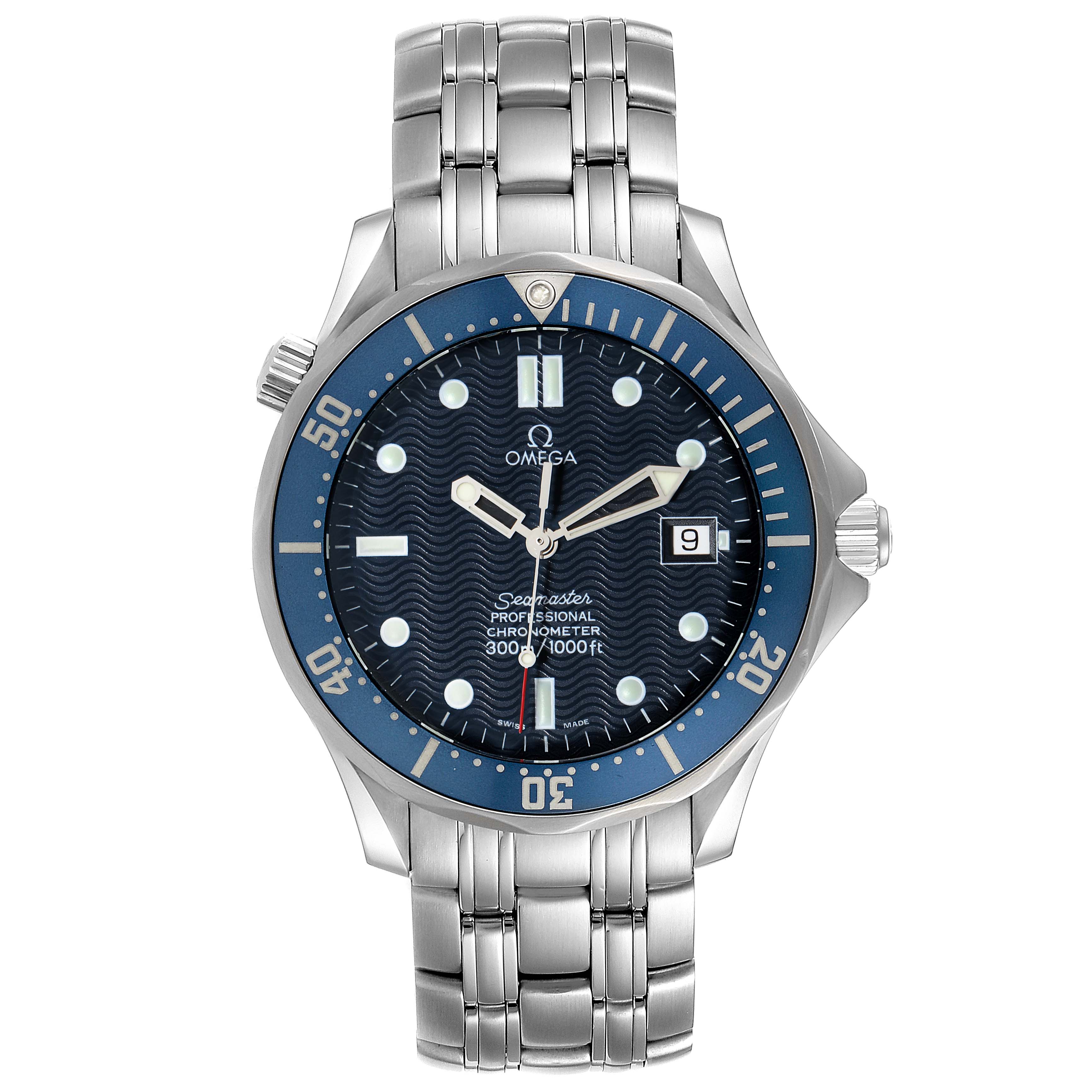 The image shows a front view of the Omega Seamaster 2531.80.00 Men
s Stainless Steel Blue Dial 2531.80.00 Men
s Stainless Steel Blue Dial watch, detailing its face, bezel, bracelet, and crown.