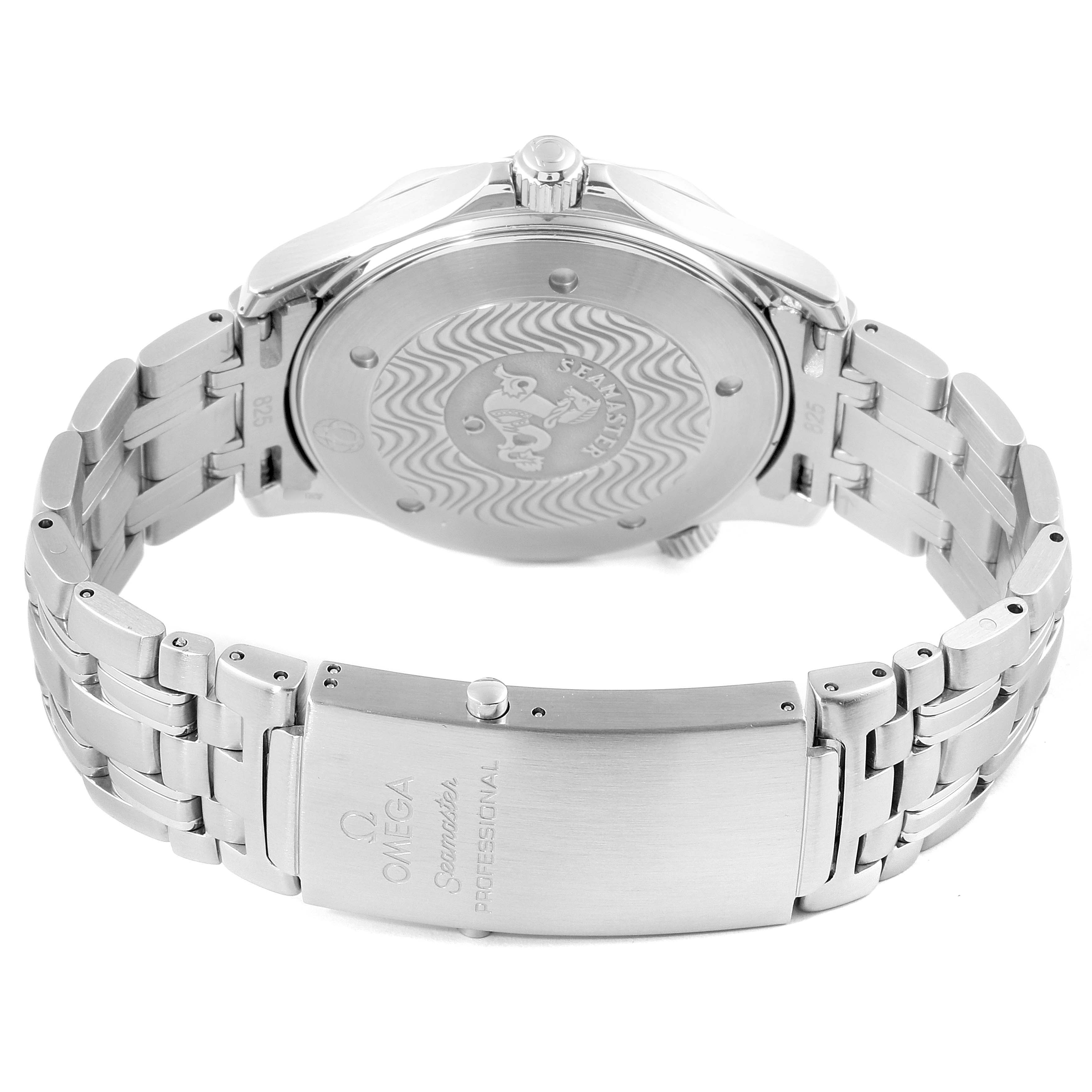 The image shows the back view of an Omega Seamaster 2531.80.00 Men
s Stainless Steel Blue Dial 2531.80.00 Men
s Stainless Steel Blue Dial watch, focusing on the case back and bracelet clasp.