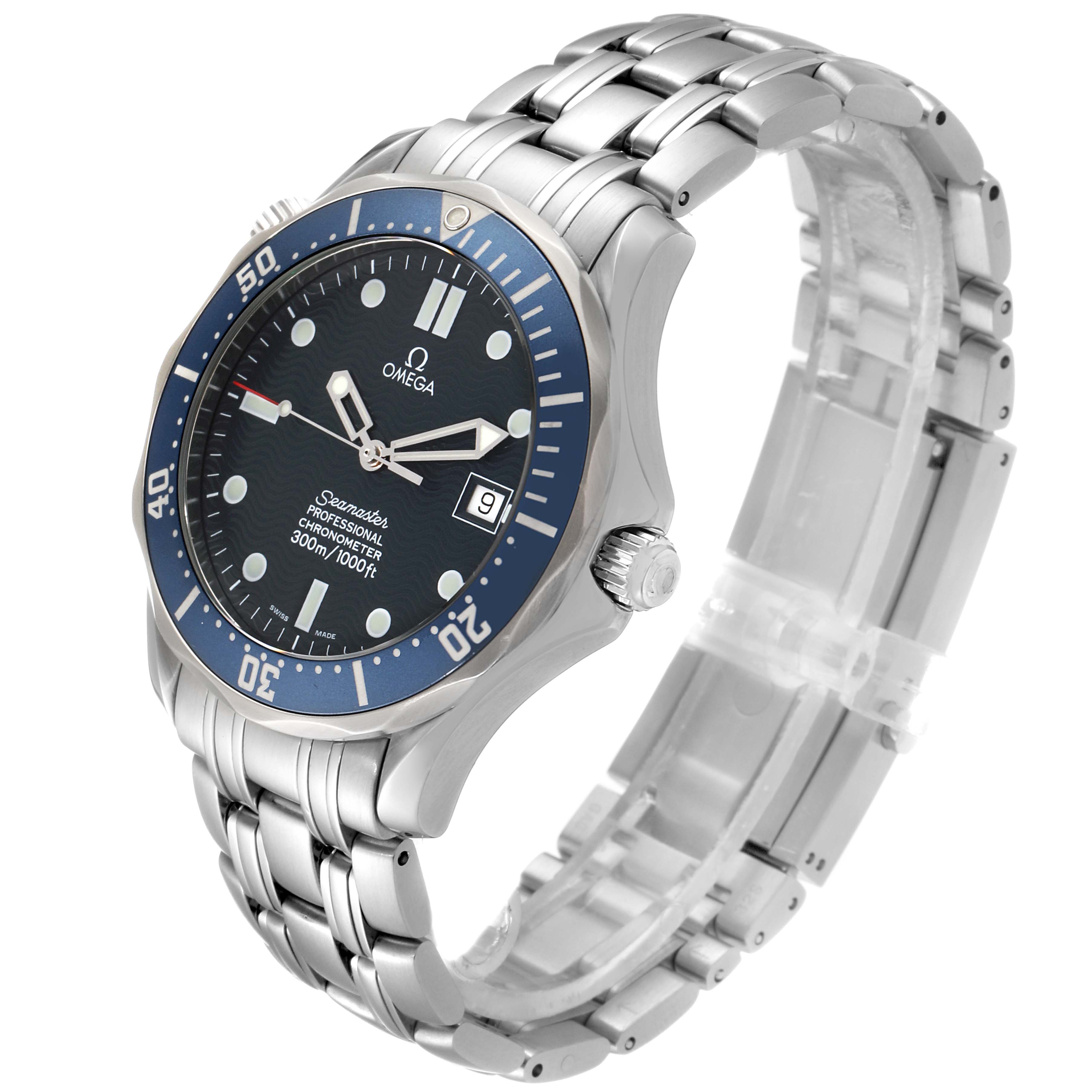 The Omega Seamaster 2531.80.00 Men
s Stainless Steel Blue Dial 2531.80.00 Men
s Stainless Steel Blue Dial watch is shown at a three-quarter angle, displaying the dial, bezel, crown, and metal bracelet.