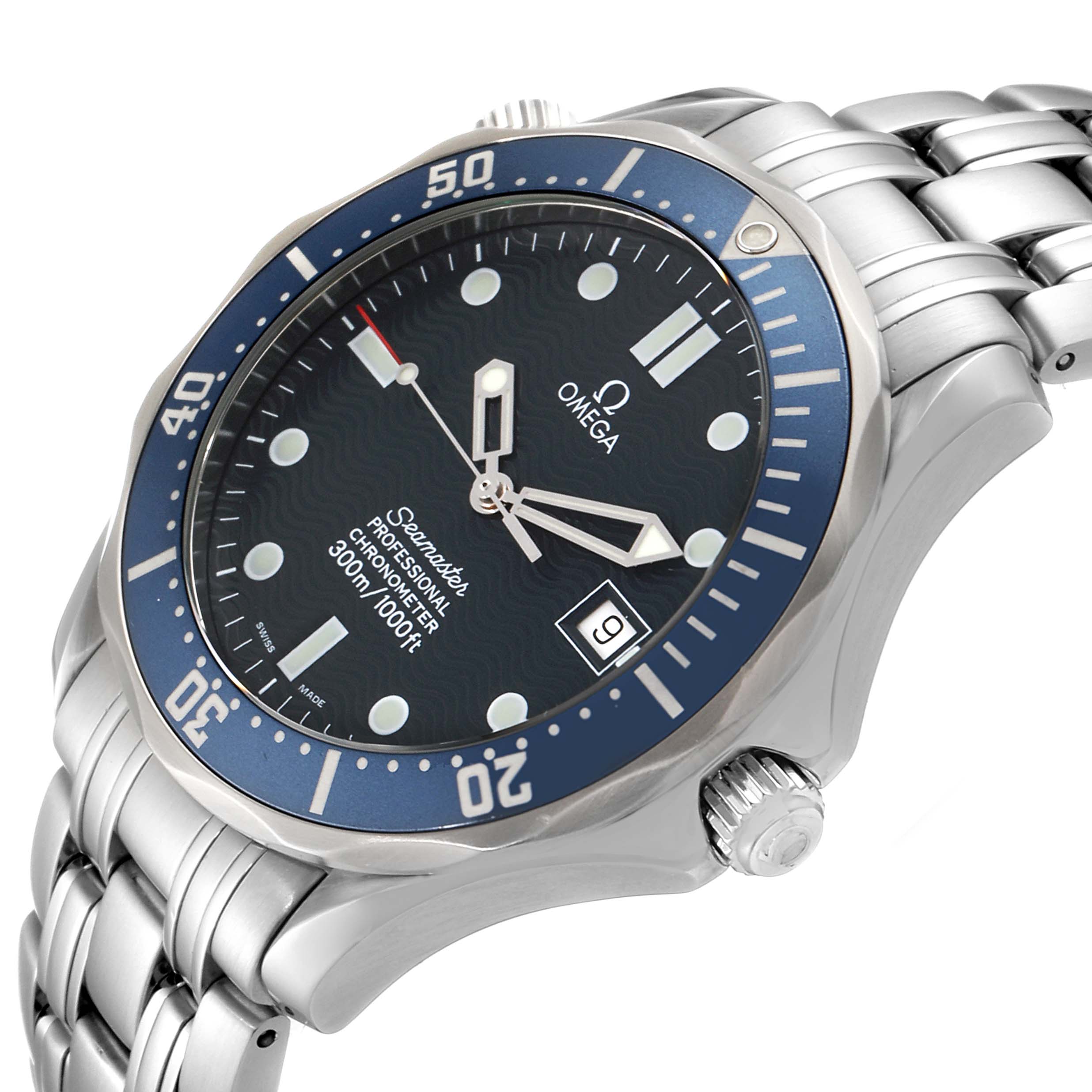 The Omega Seamaster 2531.80.00 Men
s Stainless Steel Blue Dial 2531.80.00 Men
s Stainless Steel Blue Dial watch is shown at an angle highlighting the dial, bezel, crown, and stainless steel bracelet.
