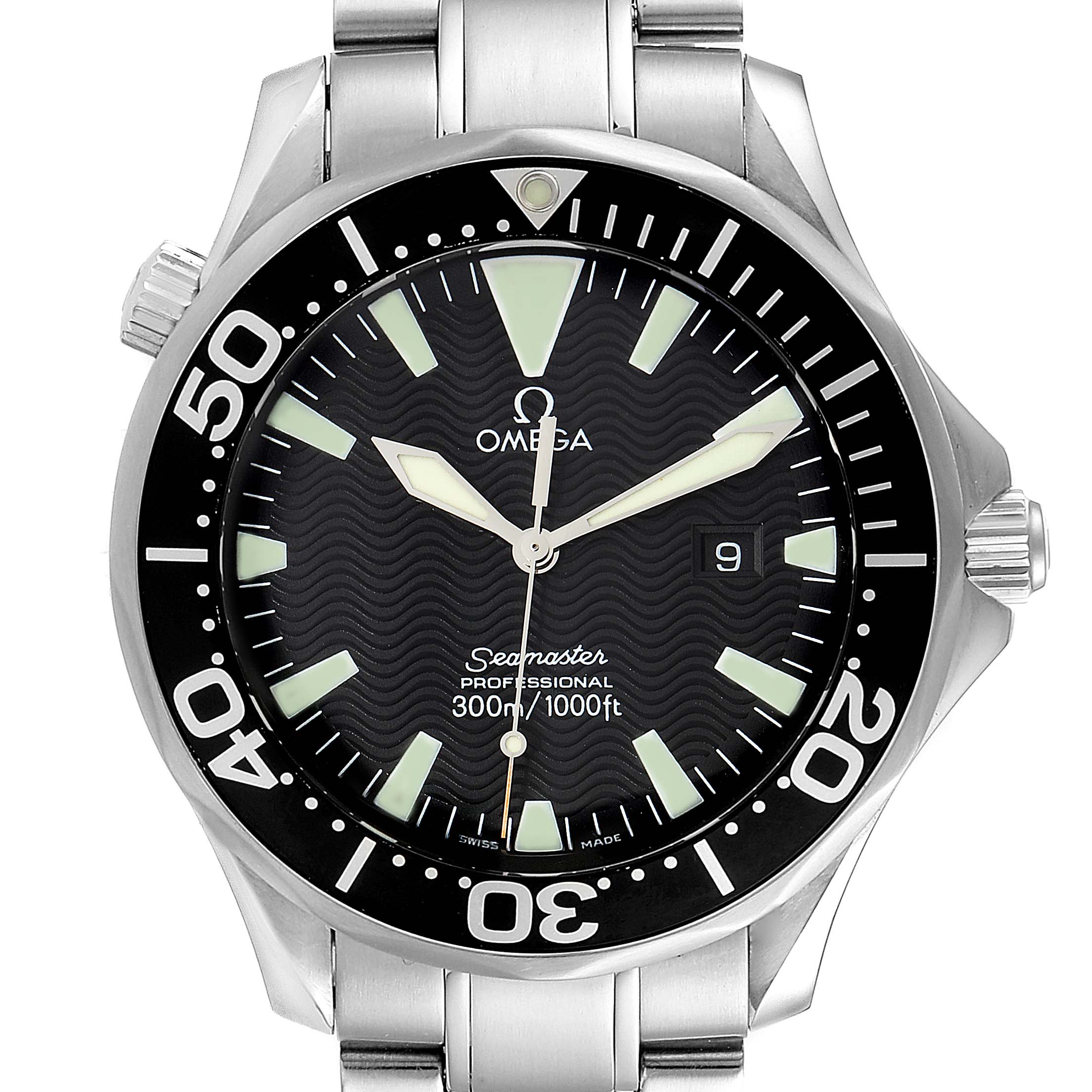 The image shows the face and partial band of an Omega Seamaster 2264.50.00 Men
s Stainless Steel Black Dial 2264.50.00 Men
s Stainless Steel Black Dial watch.