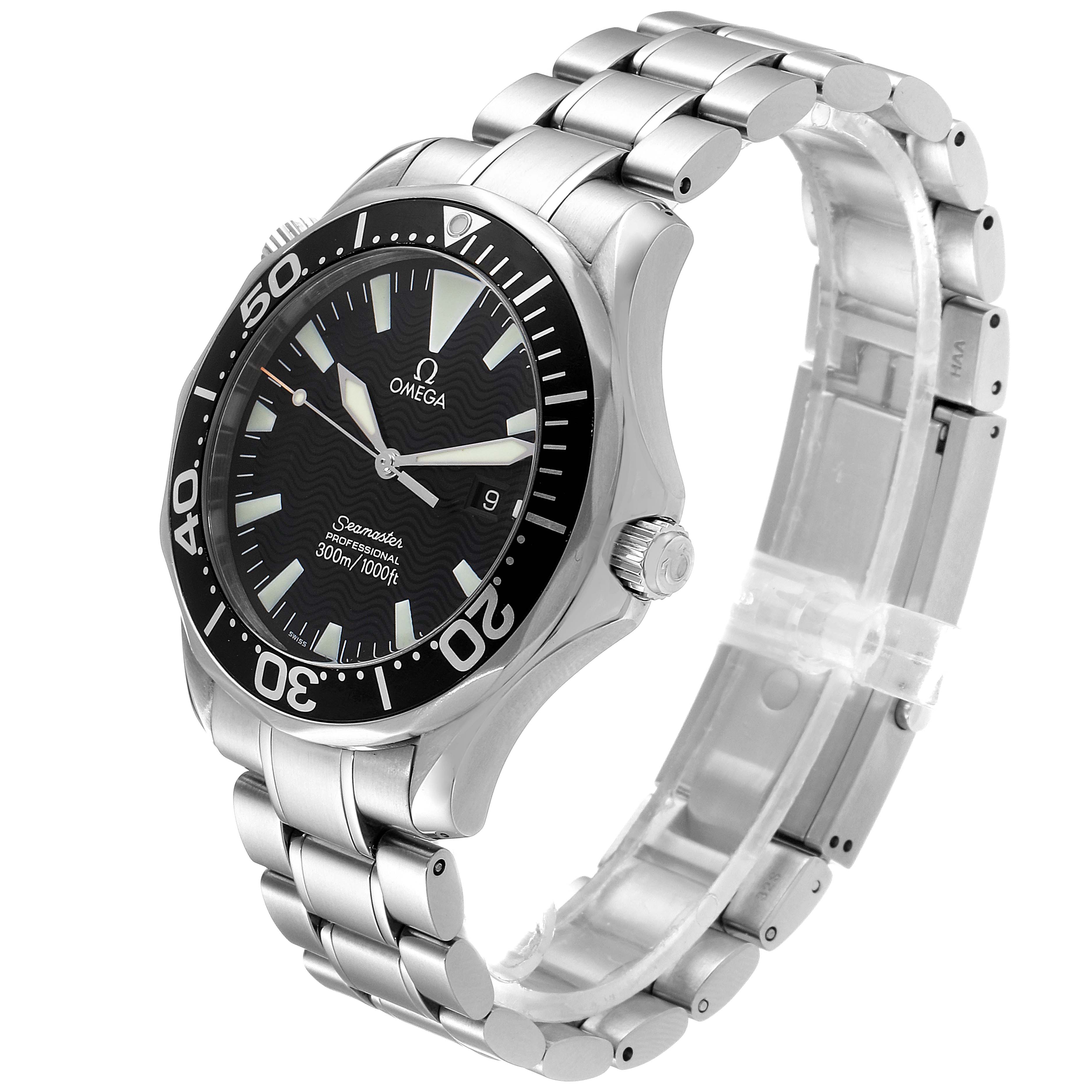 The image shows an angled view of the Omega Seamaster 2264.50.00 Men
s Stainless Steel Black Dial 2264.50.00 Men
s Stainless Steel Black Dial watch, highlighting the face, bezel, crown, and metal bracelet.