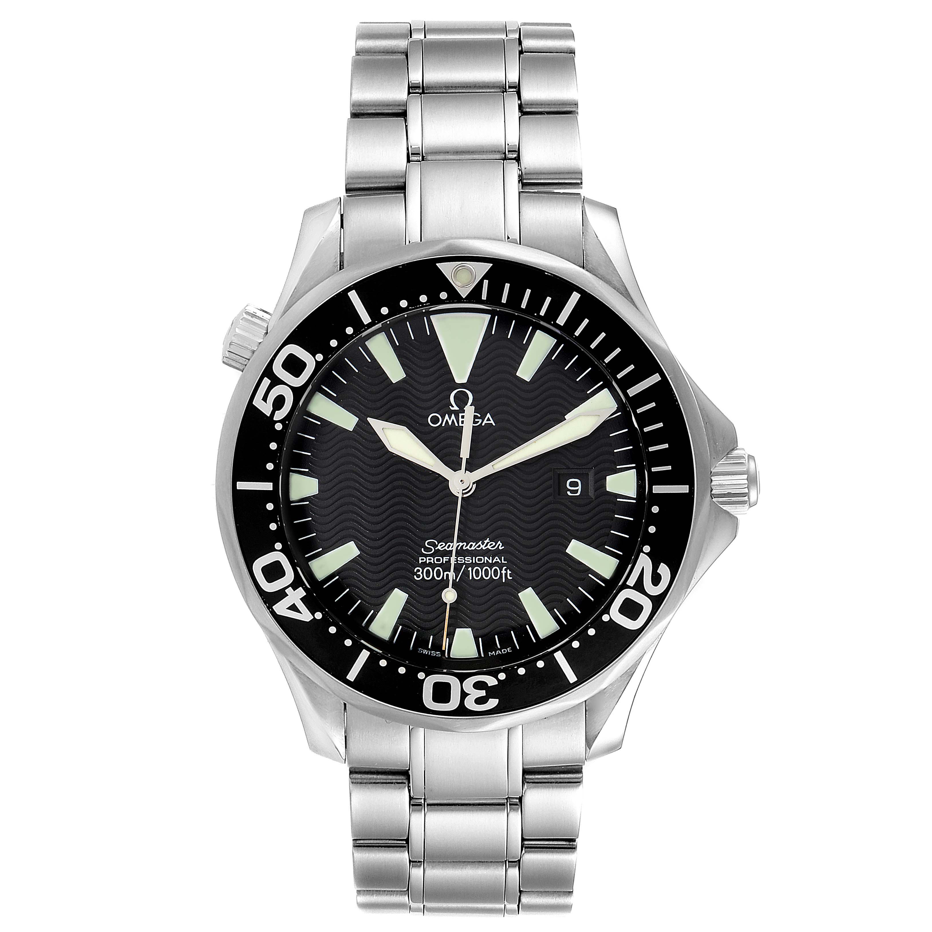 The image shows a front view of an Omega Seamaster 2264.50.00 Men
s Stainless Steel Black Dial 2264.50.00 Men
s Stainless Steel Black Dial watch, including its dial, bezel, and metal bracelet.