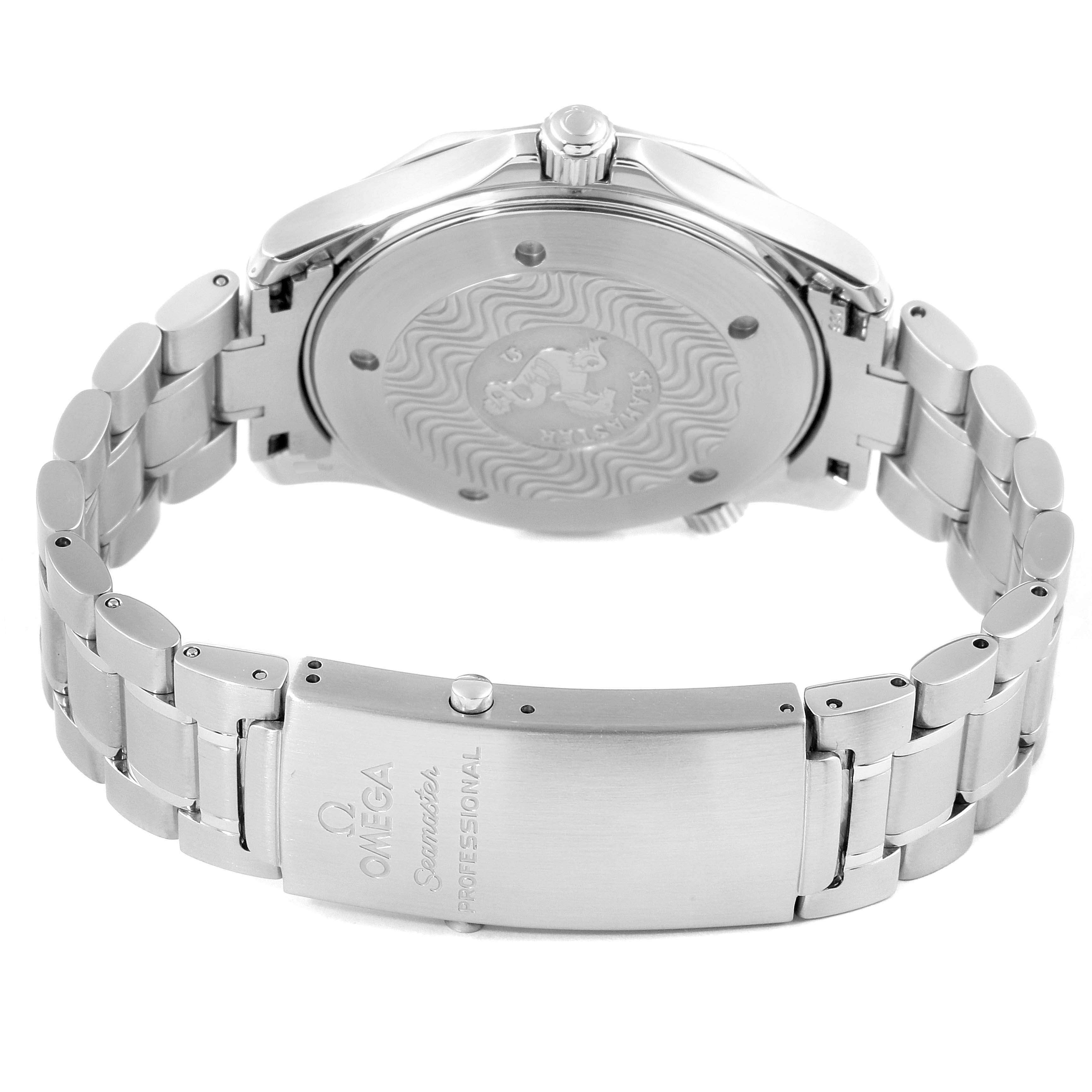 The image shows the back side and clasp of an Omega Seamaster 2264.50.00 Men
s Stainless Steel Black Dial 2264.50.00 Men
s Stainless Steel Black Dial watch, highlighting the case back and metal bracelet.