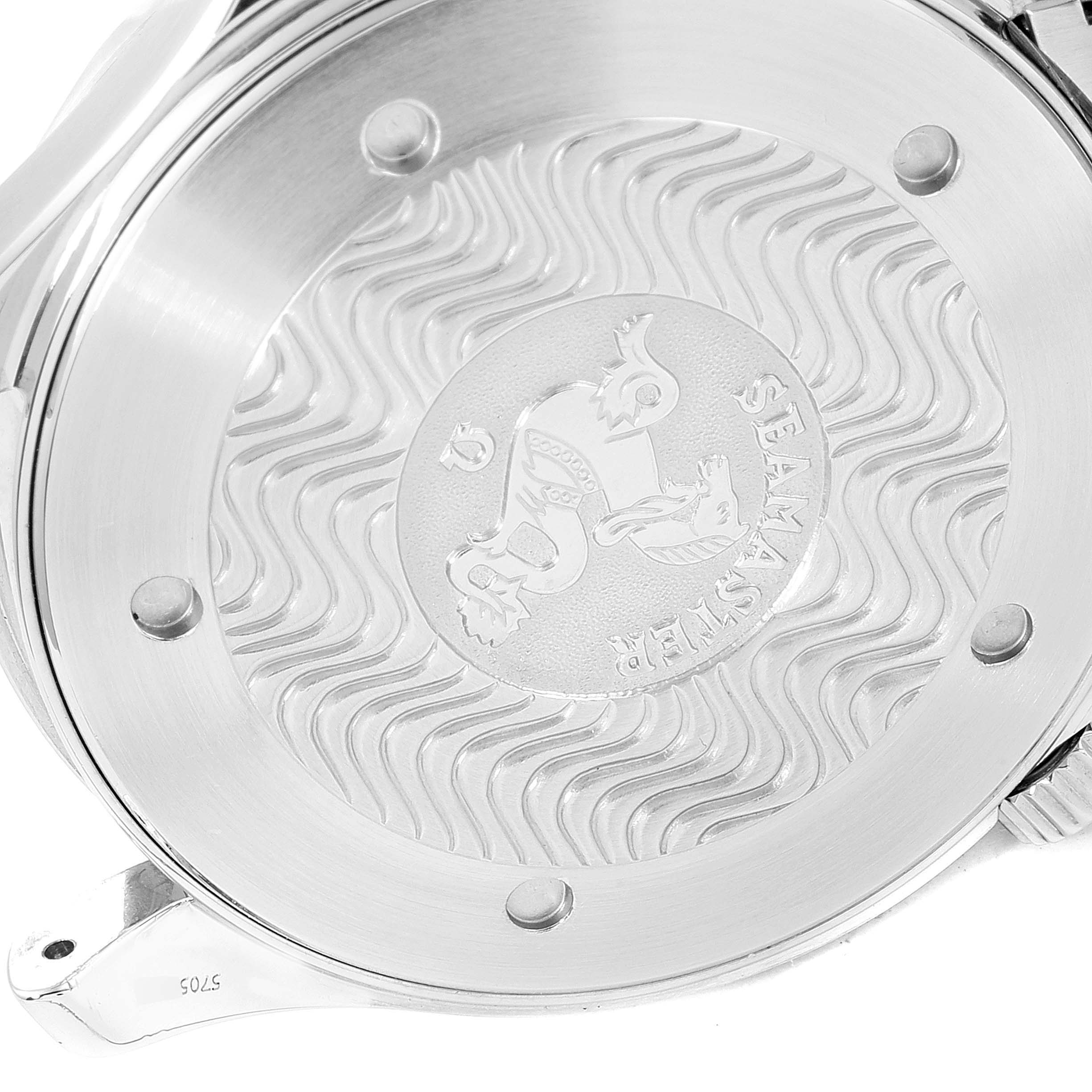 This image shows the back case of an Omega Seamaster 2264.50.00 Men
s Stainless Steel Black Dial 2264.50.00 Men
s Stainless Steel Black Dial watch with its engraved design and logo.