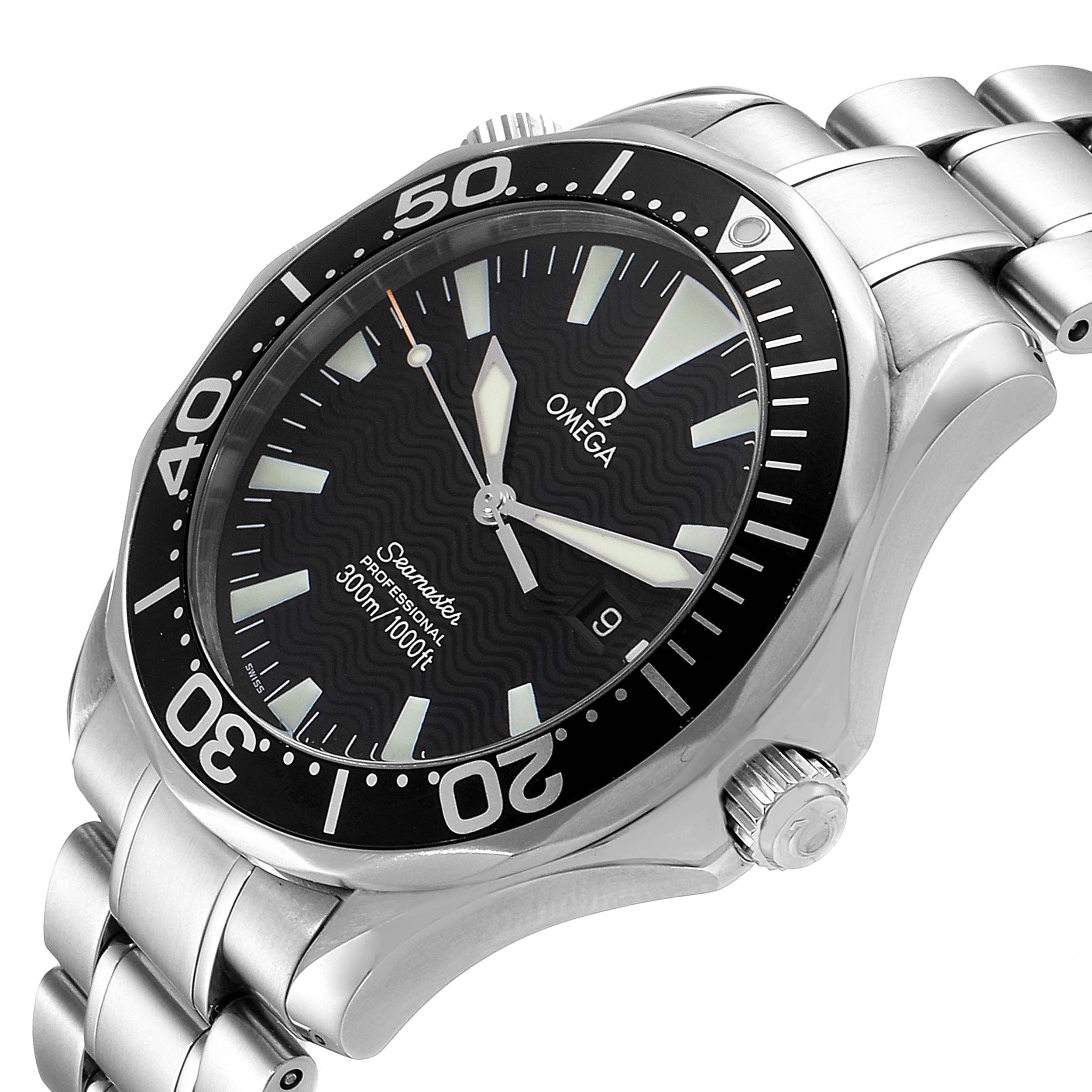 The image shows a tilted view of the Omega Seamaster 2264.50.00 Men
s Stainless Steel Black Dial 2264.50.00 Men
s Stainless Steel Black Dial watch, highlighting its face, bezel, crown, and bracelet.