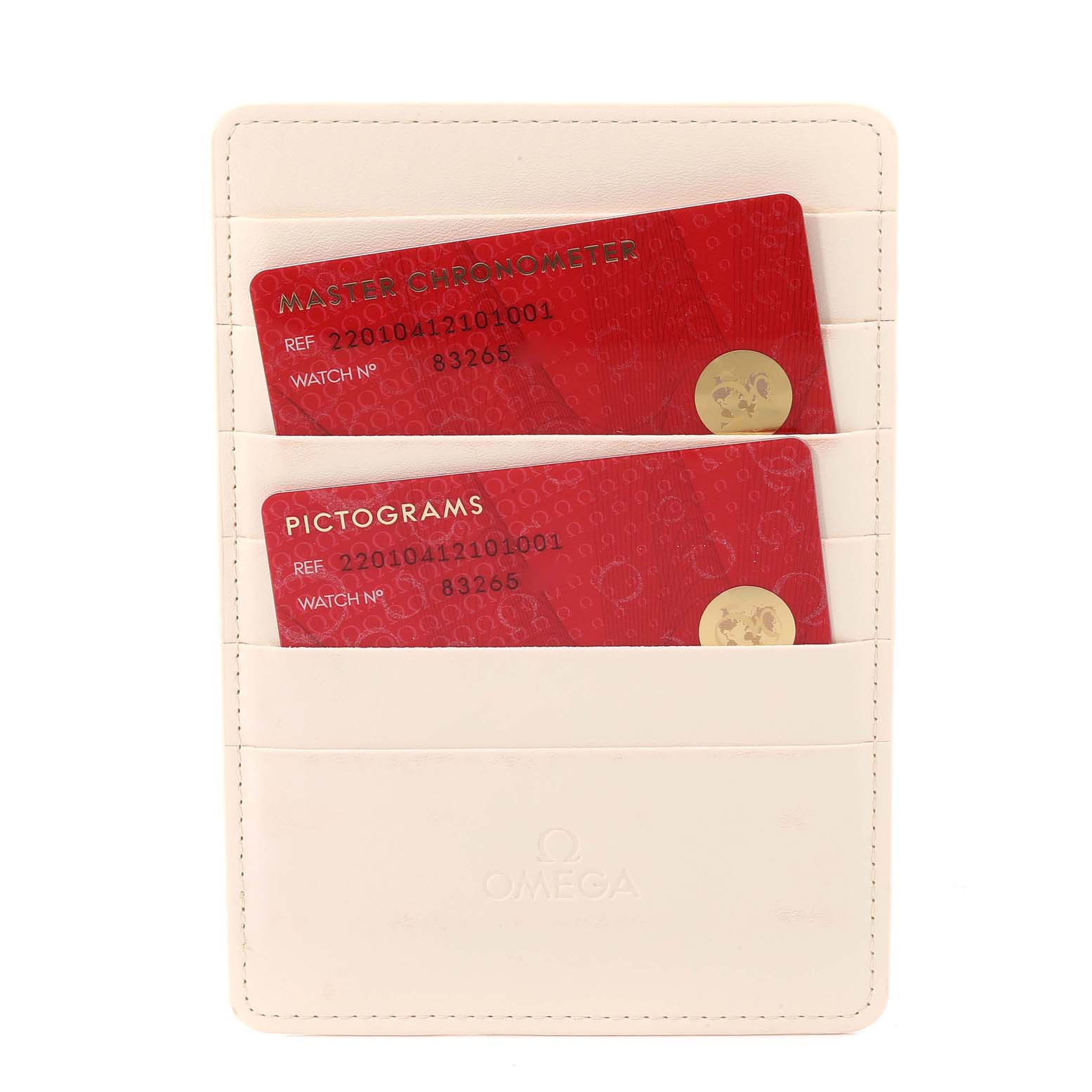 The image shows a holder with two red cards labeled "MASTER CHRONOMETER" and "PICTOGRAMS" for an Omega Aqua Terra 220.10.41.21.01.001 Men
s Stainless Steel Black Dial 220.10.41.21.01.001 Men
s Stainless Steel Black Dial watch model.