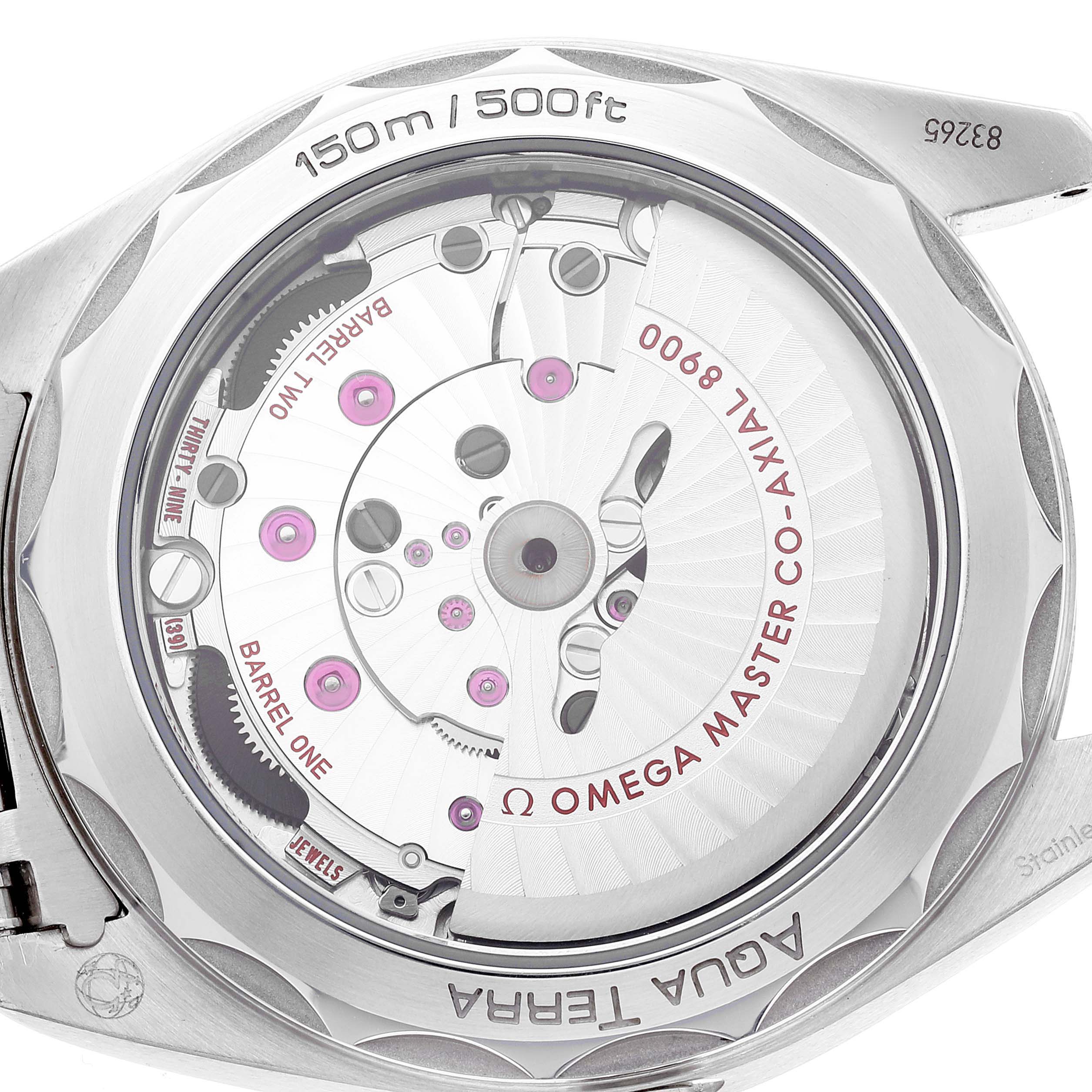 The image shows the back view of an Omega Aqua Terra 220.10.41.21.01.001 Men
s Stainless Steel Black Dial 220.10.41.21.01.001 Men
s Stainless Steel Black Dial watch, highlighting the inner mechanical components and caseback.