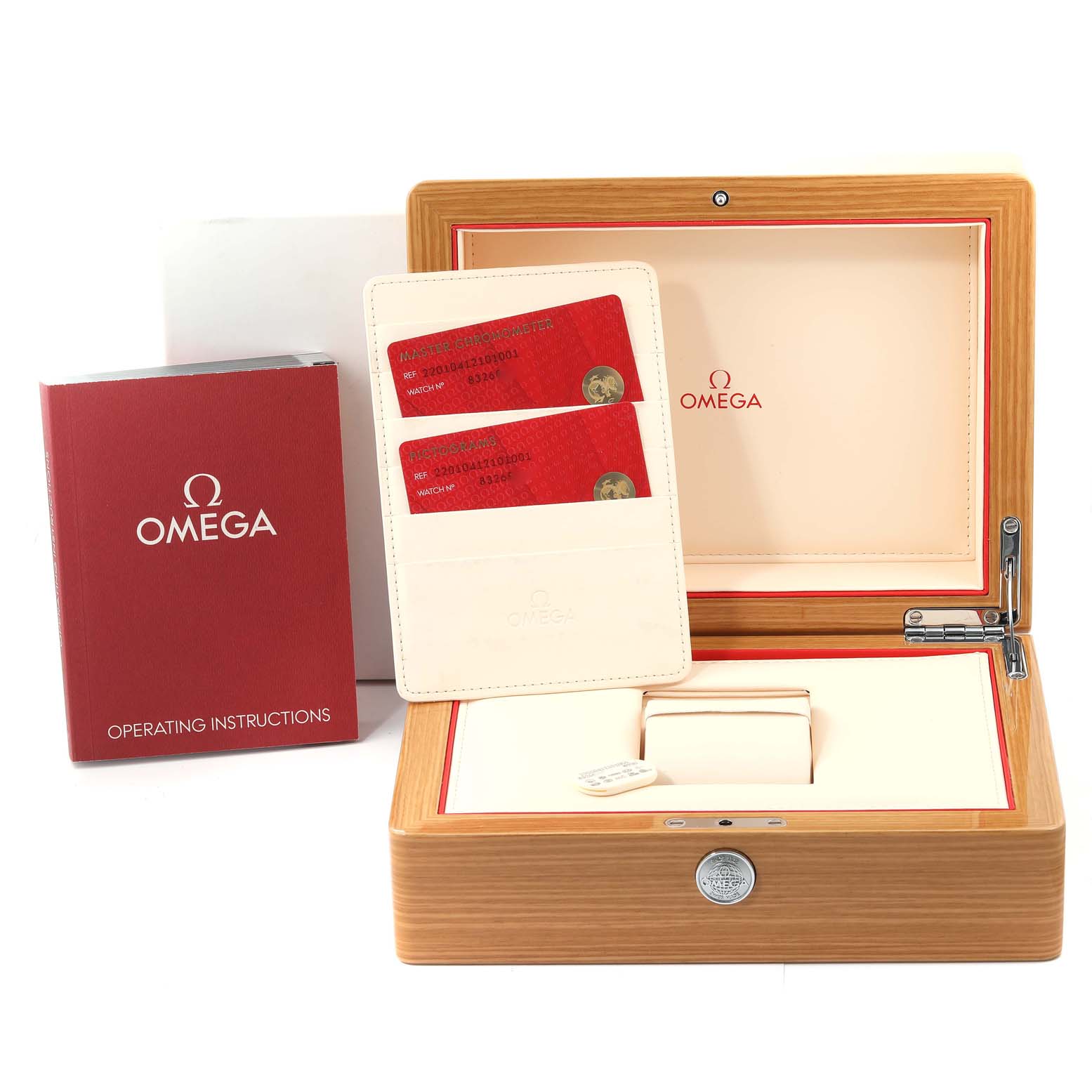 The image shows the Omega Aqua Terra 220.10.41.21.01.001 Men
s Stainless Steel Black Dial 220.10.41.21.01.001 Men
s Stainless Steel Black Dial watch packaging, including the box, warranty cards holder, and operating instructions booklet.