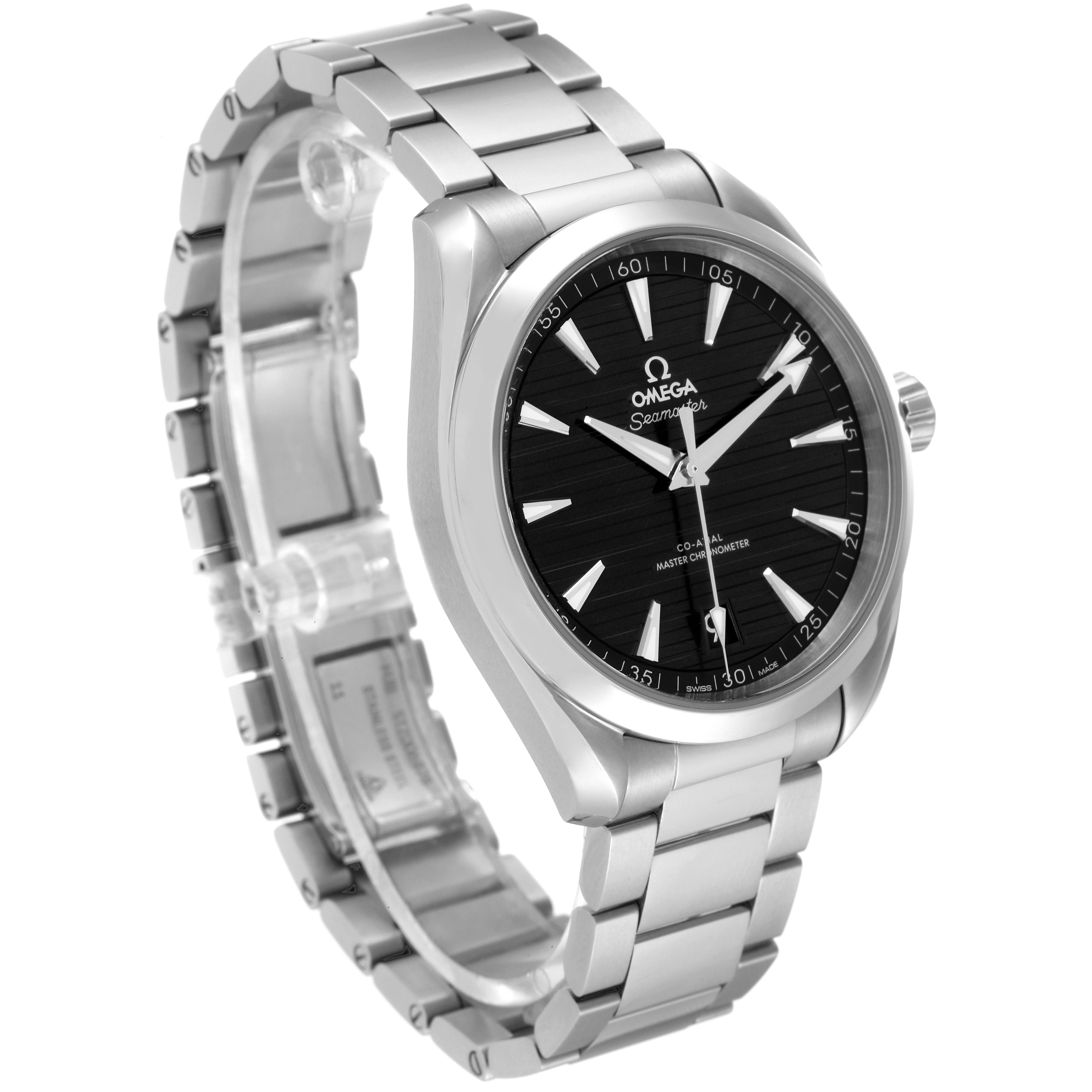 The Omega Aqua Terra 220.10.41.21.01.001 Men
s Stainless Steel Black Dial 220.10.41.21.01.001 Men
s Stainless Steel Black Dial watch is shown at a three-quarter angle, featuring its face, bezel, case, and bracelet.