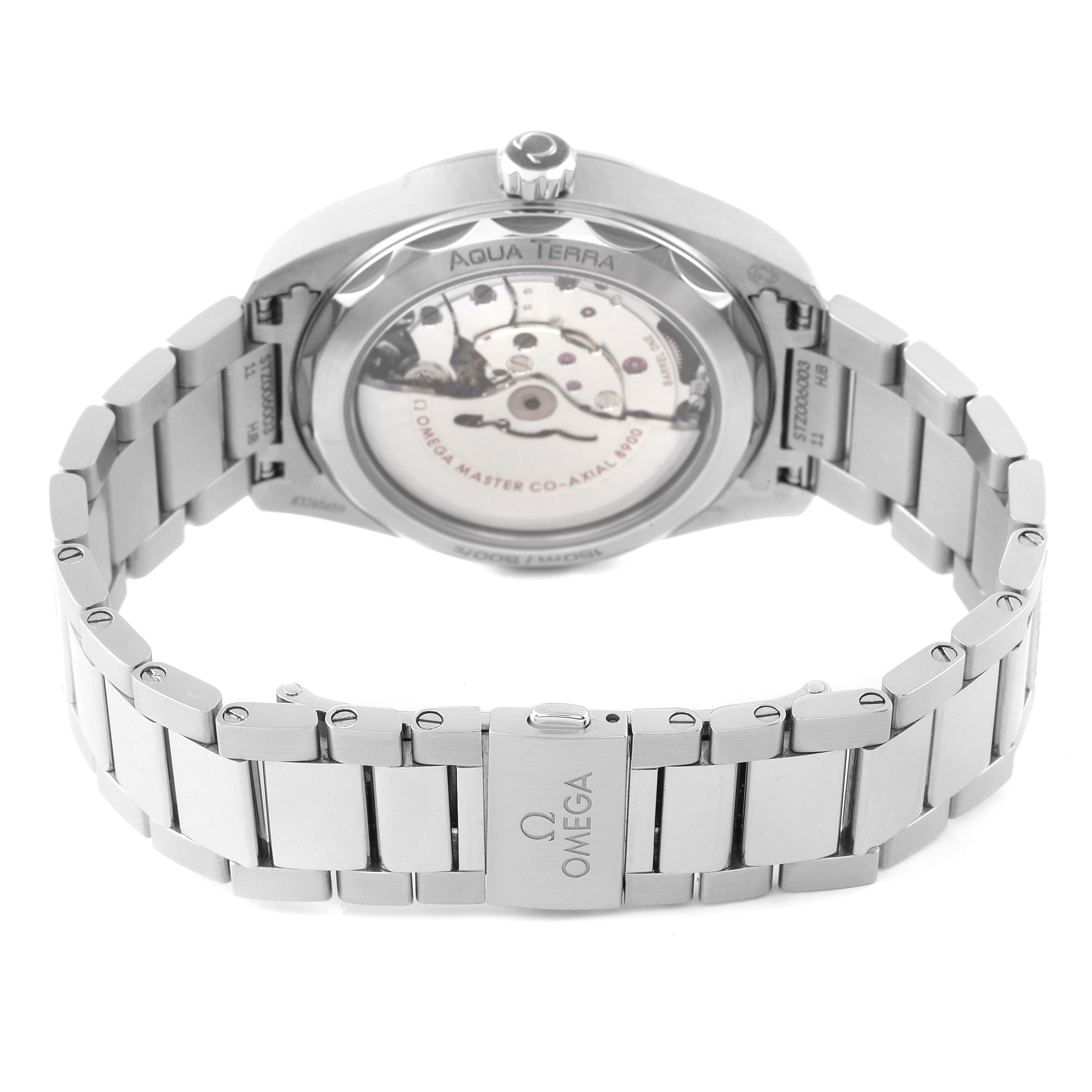 The image shows the back view of an Omega Aqua Terra 220.10.41.21.01.001 Men
s Stainless Steel Black Dial 220.10.41.21.01.001 Men
s Stainless Steel Black Dial watch, highlighting the bracelet and the transparent case back revealing the movement.