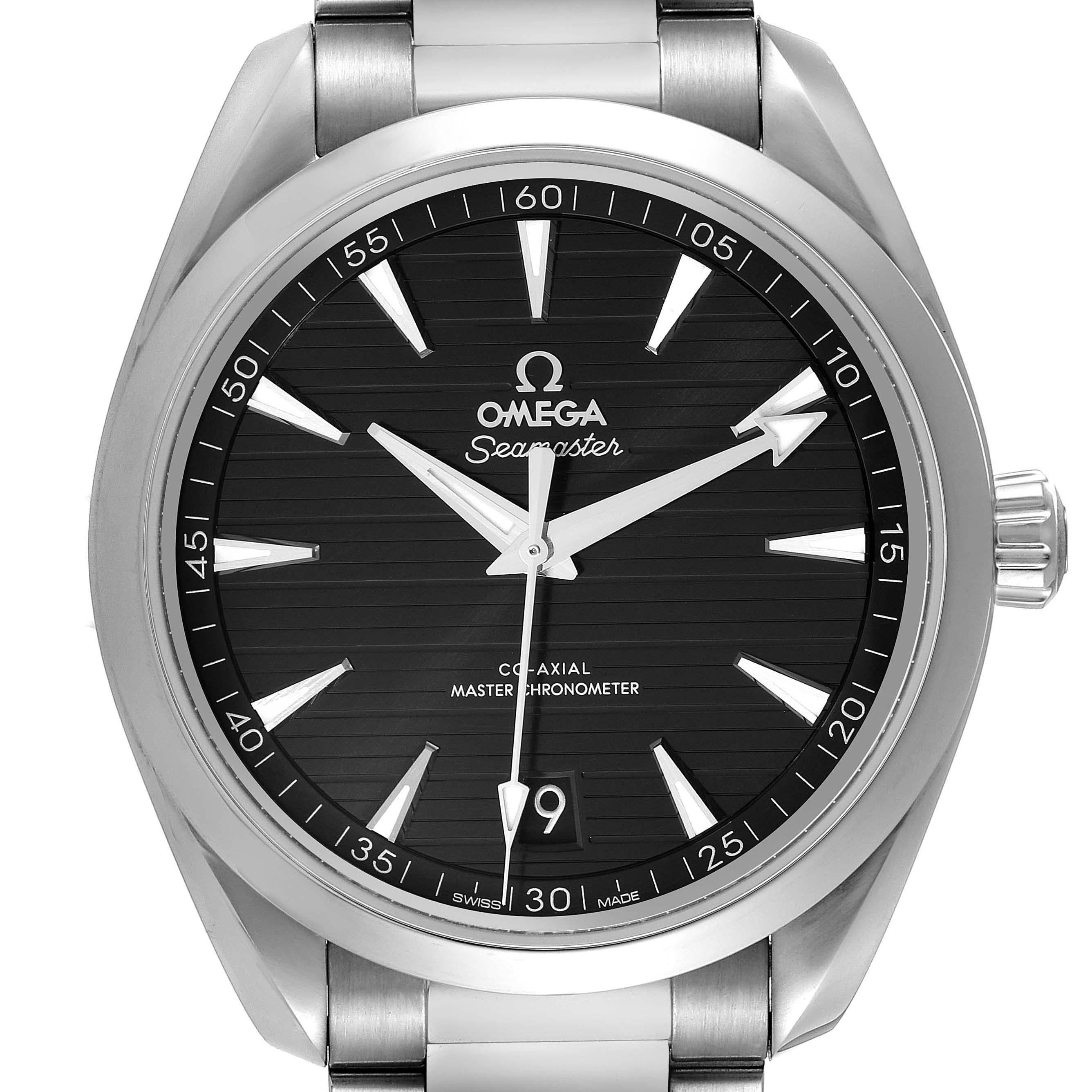 Front view of the Omega Aqua Terra 220.10.41.21.01.001 Men
s Stainless Steel Black Dial 220.10.41.21.01.001 Men
s Stainless Steel Black Dial watch showing the face, case, dial, and part of the bracelet.