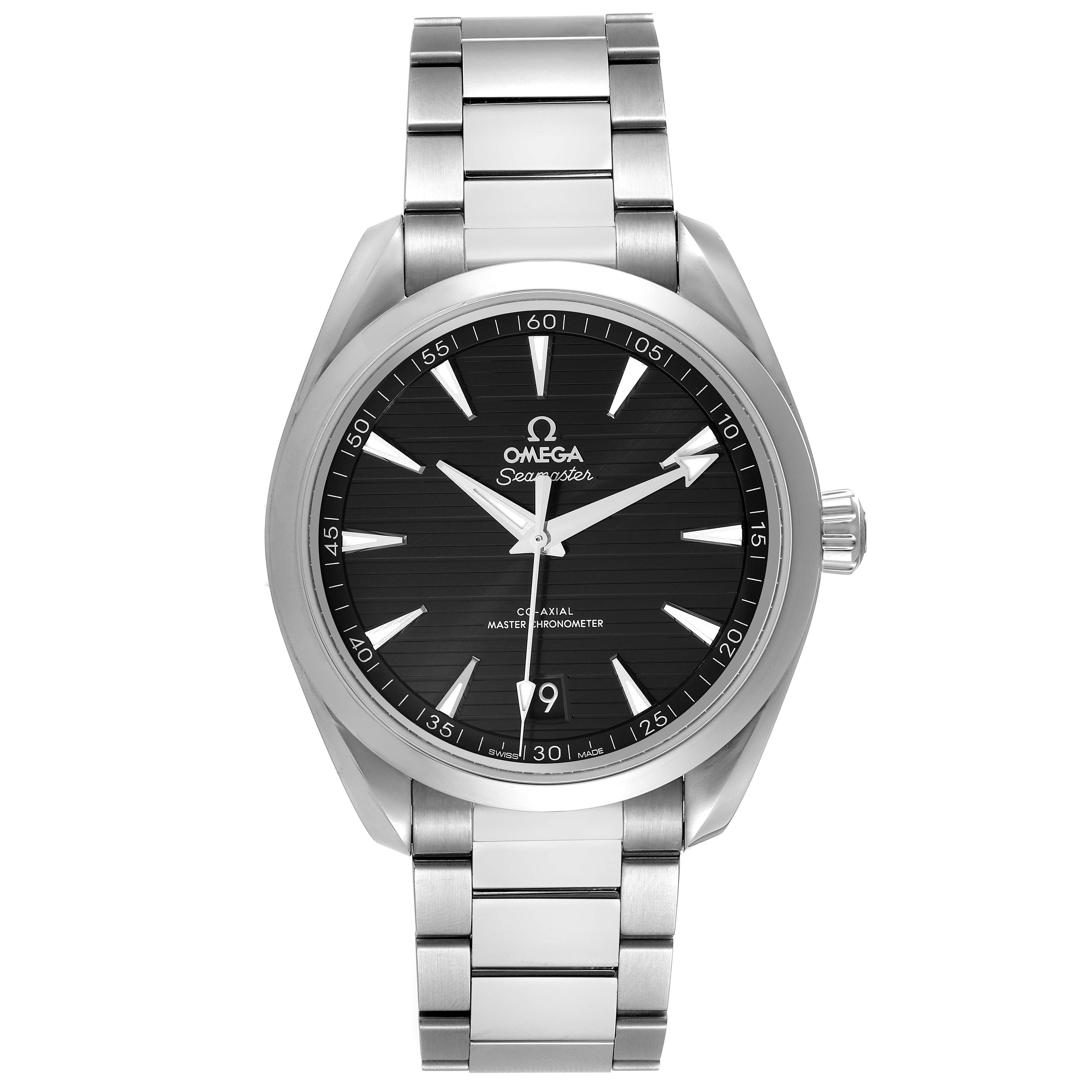 This image shows a front view of an Omega Aqua Terra 220.10.41.21.01.001 Men
s Stainless Steel Black Dial 220.10.41.21.01.001 Men
s Stainless Steel Black Dial watch, displaying its face, bezel, and metal bracelet.