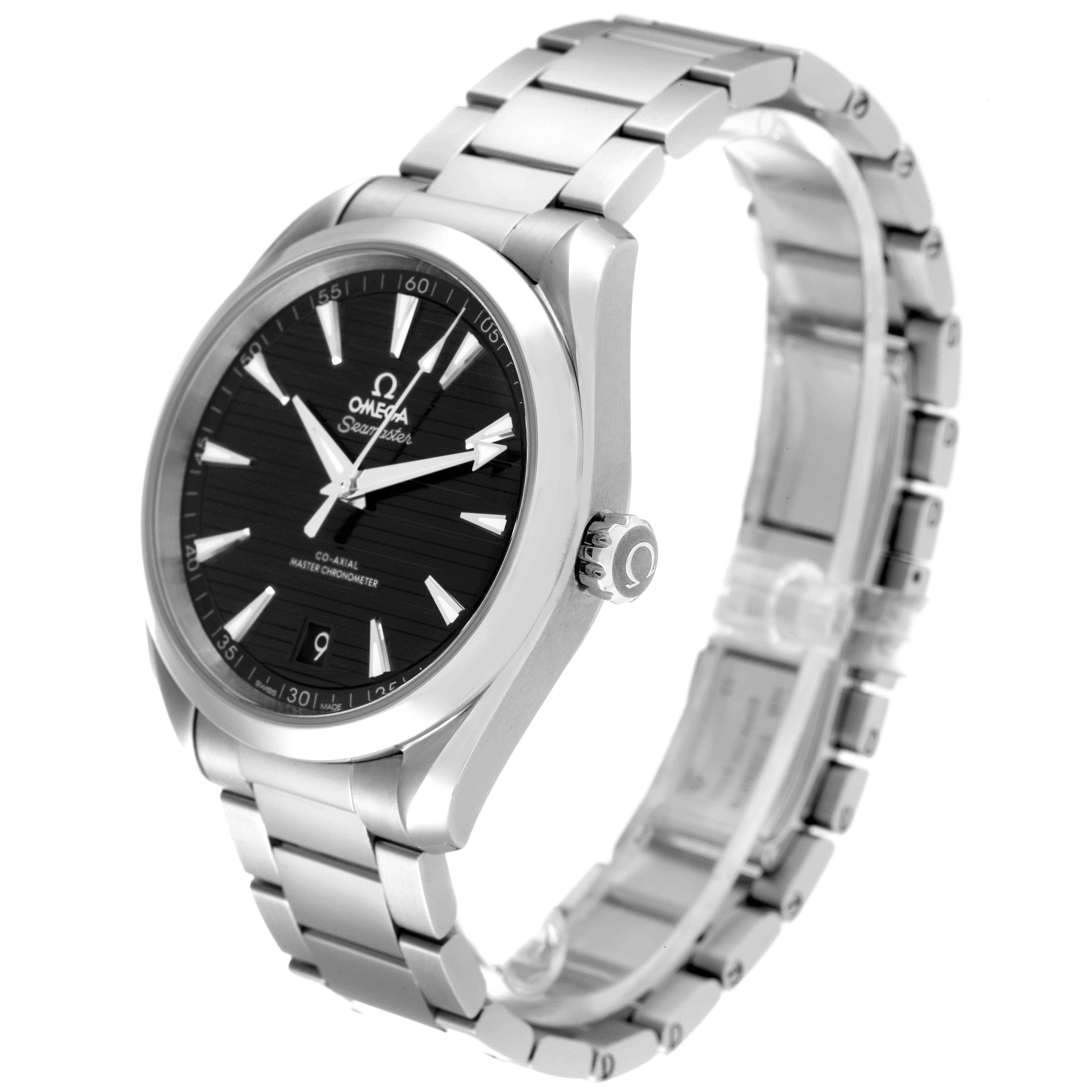 The Omega Aqua Terra 220.10.41.21.01.001 Men
s Stainless Steel Black Dial 220.10.41.21.01.001 Men
s Stainless Steel Black Dial watch is shown at a three-quarter angle, highlighting the face, bezel, crown, and bracelet.