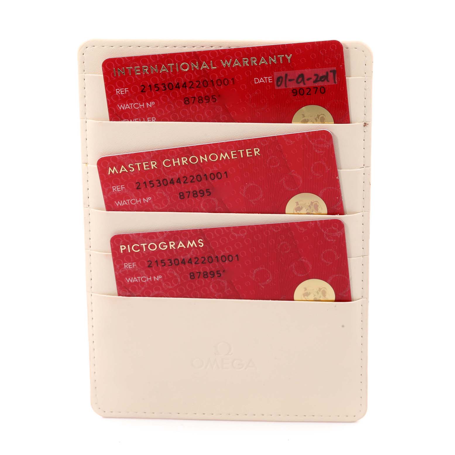 The image shows an Omega Planet Ocean 215.30.44.22.01.001 Men
s Stainless Steel Black Dial 215.30.44.22.01.001 Men
s Stainless Steel Black Dial model
s international warranty, master chronometer, and pictograms cards in a cardholder.