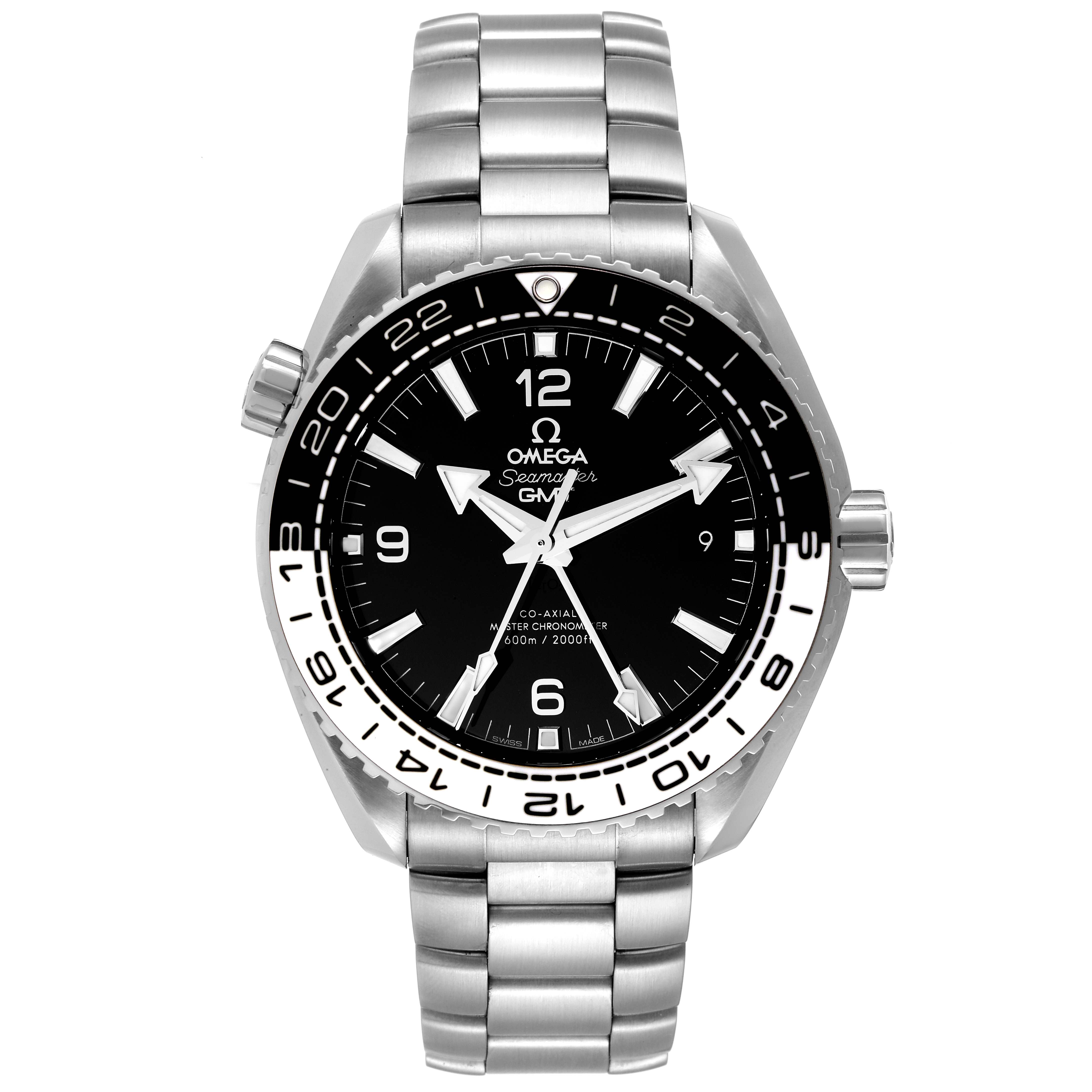 The image shows a frontal view of the Omega Planet Ocean 215.30.44.22.01.001 Men
s Stainless Steel Black Dial 215.30.44.22.01.001 Men
s Stainless Steel Black Dial Seamaster GMT watch, highlighting the dial, bezel, and metal bracelet.