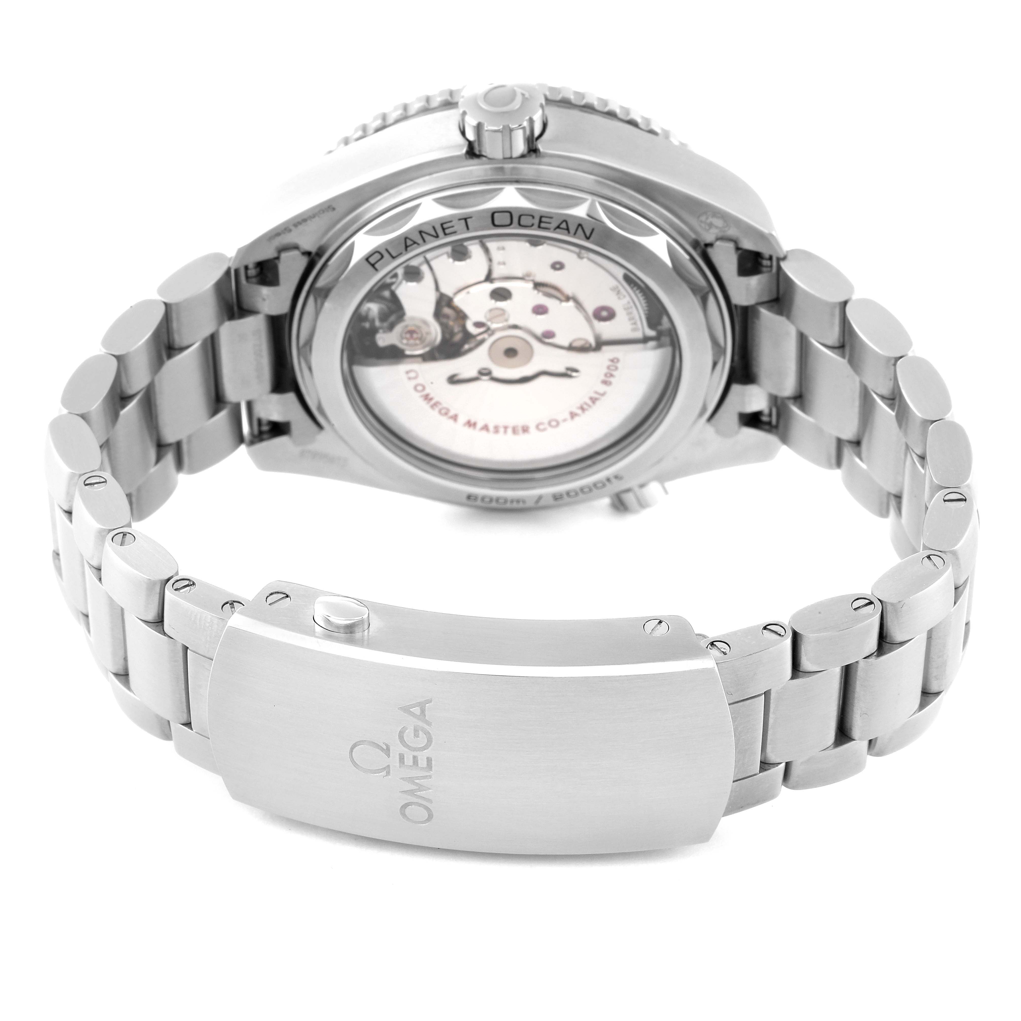 The image shows the back view of the Omega Planet Ocean 215.30.44.22.01.001 Men
s Stainless Steel Black Dial 215.30.44.22.01.001 Men
s Stainless Steel Black Dial watch, highlighting the case back, bracelet, and clasp.