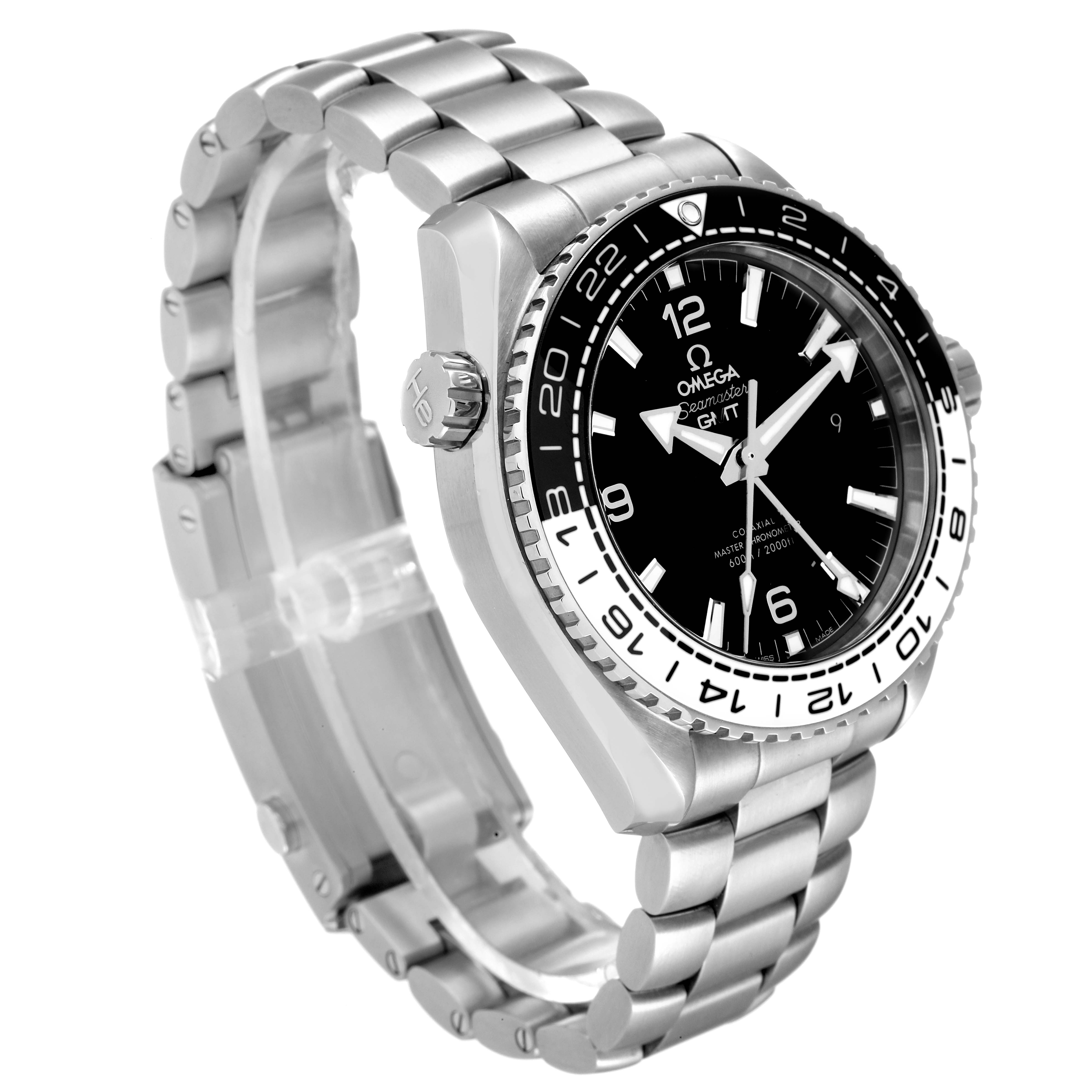 The image shows a three-quarter angle of an Omega Planet Ocean 215.30.44.22.01.001 Men
s Stainless Steel Black Dial 215.30.44.22.01.001 Men
s Stainless Steel Black Dial watch, highlighting the bezel, dial, crown, and stainless steel bracelet.