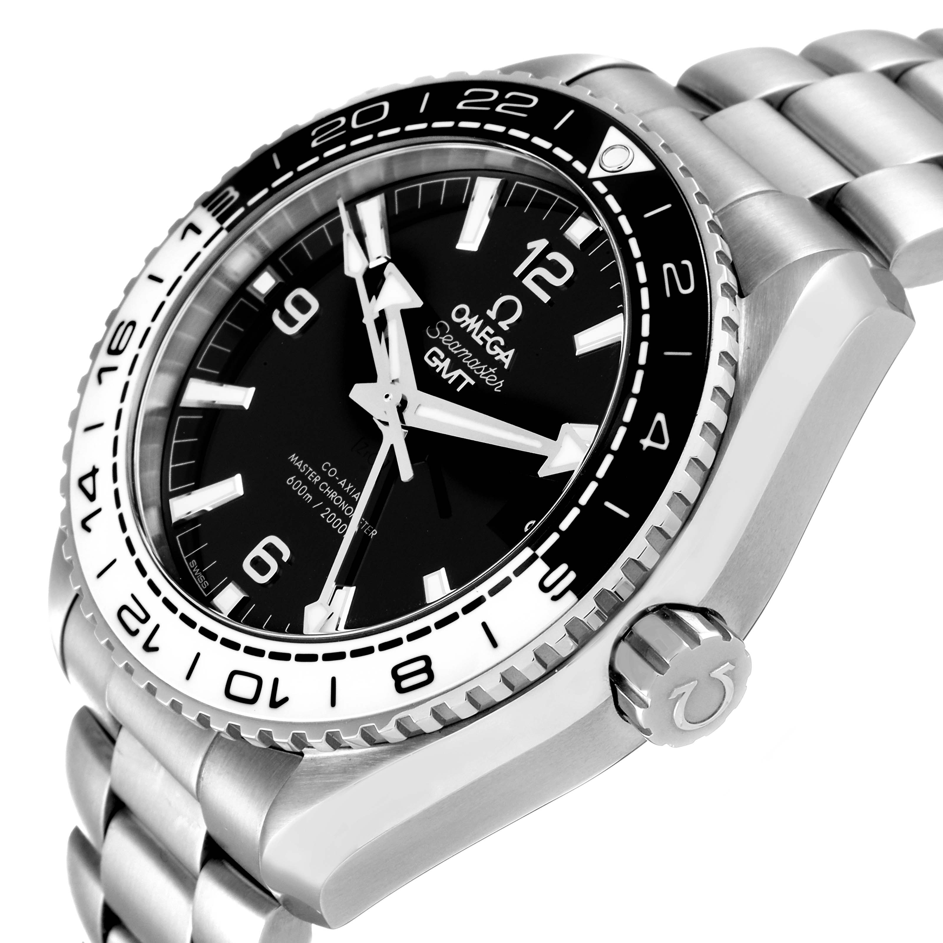 The image shows a close-up angle of the Omega Planet Ocean 215.30.44.22.01.001 Men
s Stainless Steel Black Dial 215.30.44.22.01.001 Men
s Stainless Steel Black Dial watch, highlighting the face, bezel, and crown.