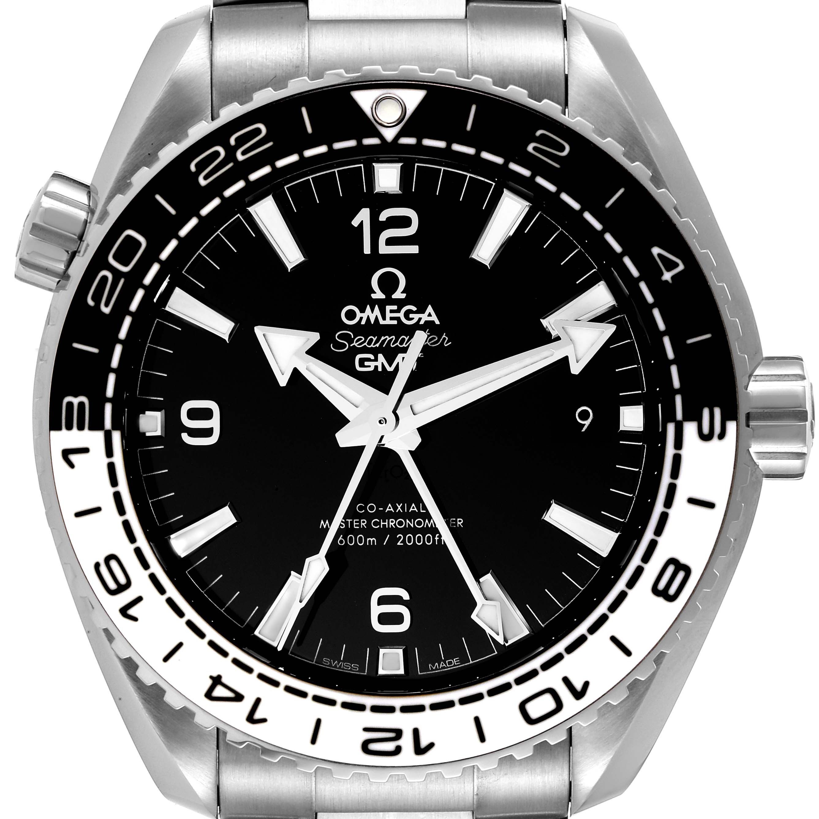 The image shows a front view of the Omega Planet Ocean 215.30.44.22.01.001 Men
s Stainless Steel Black Dial 215.30.44.22.01.001 Men
s Stainless Steel Black Dial watch, highlighting the face, bezel, and crown.